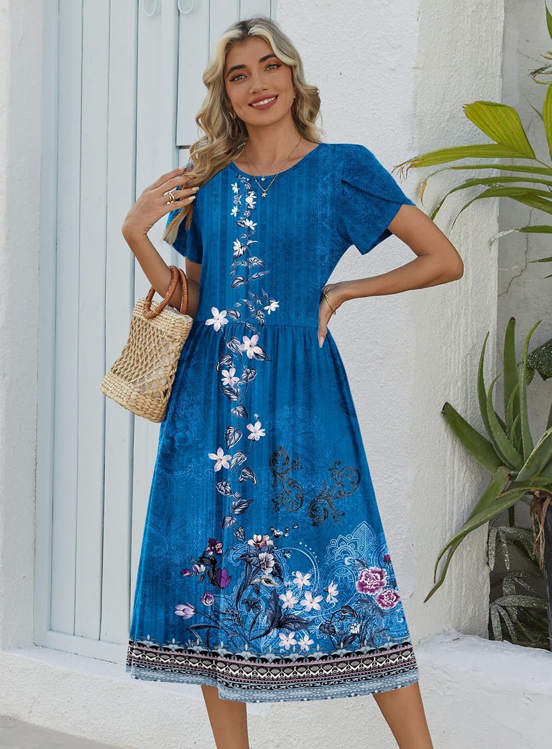 image:imageZeagoo Womens Summer Dresses Casual Aline Midi Dress Short Sleeve Floral Tshirt Dress Flowy Beach Sundresses with PocketsBlue Ethnic Boho Print