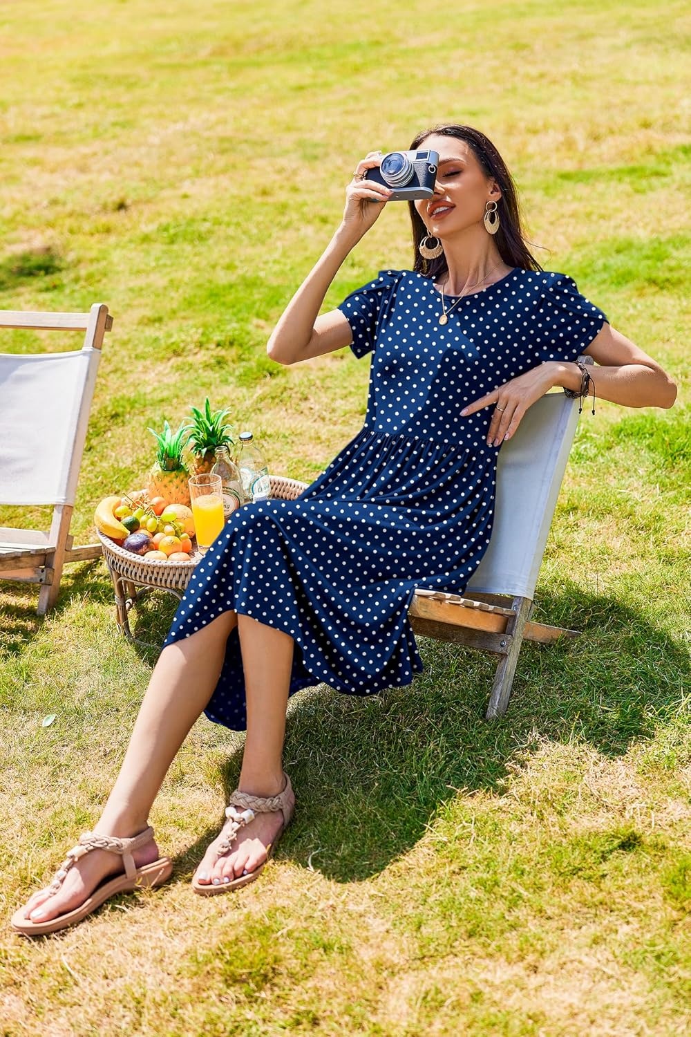 image:imageZeagoo Womens Summer Dresses Casual Aline Midi Dress Short Sleeve Floral Tshirt Dress Flowy Beach Sundresses with PocketsBlue Round Dot Print