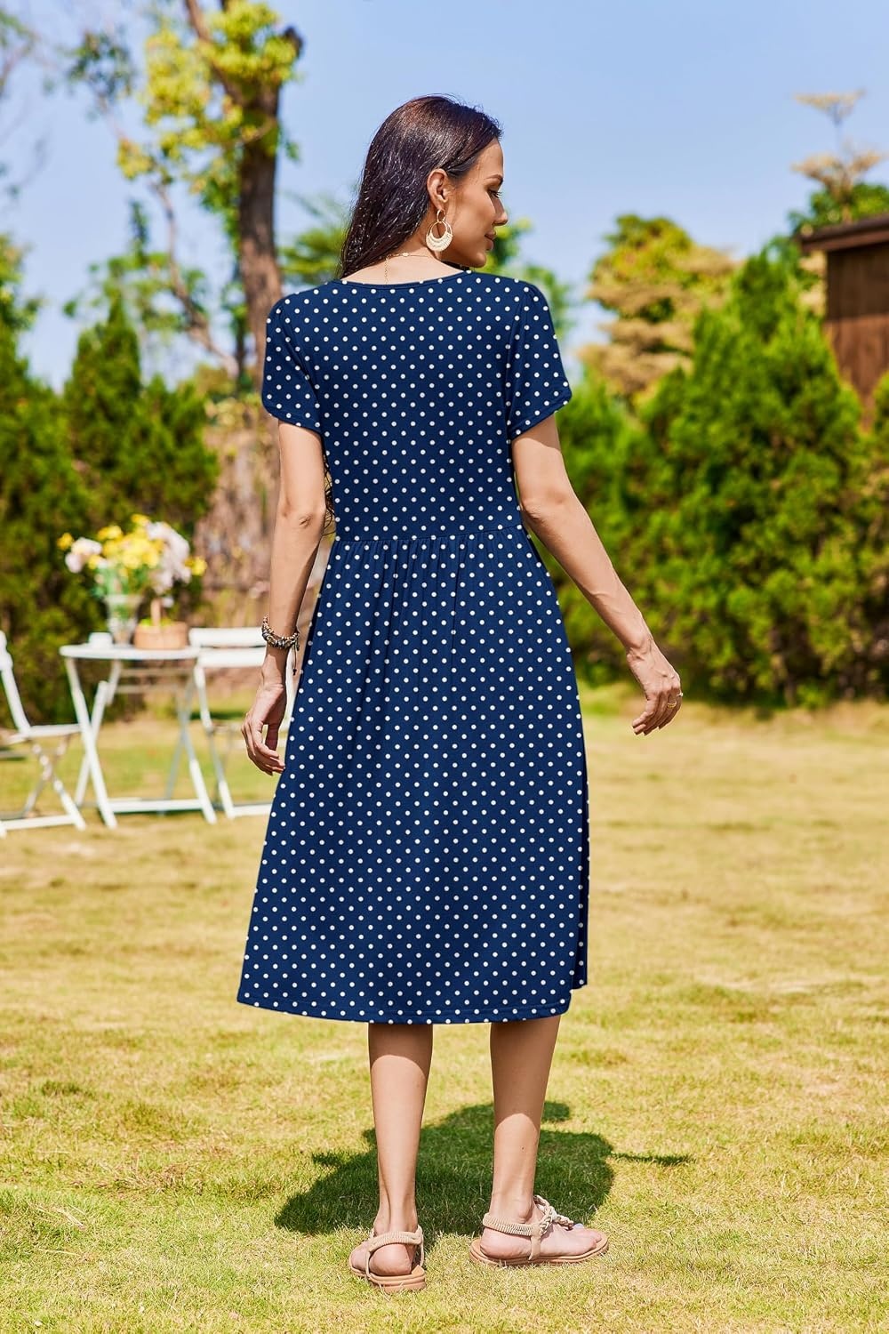image:imageZeagoo Womens Summer Dresses Casual Aline Midi Dress Short Sleeve Floral Tshirt Dress Flowy Beach Sundresses with PocketsBlue Round Dot Print