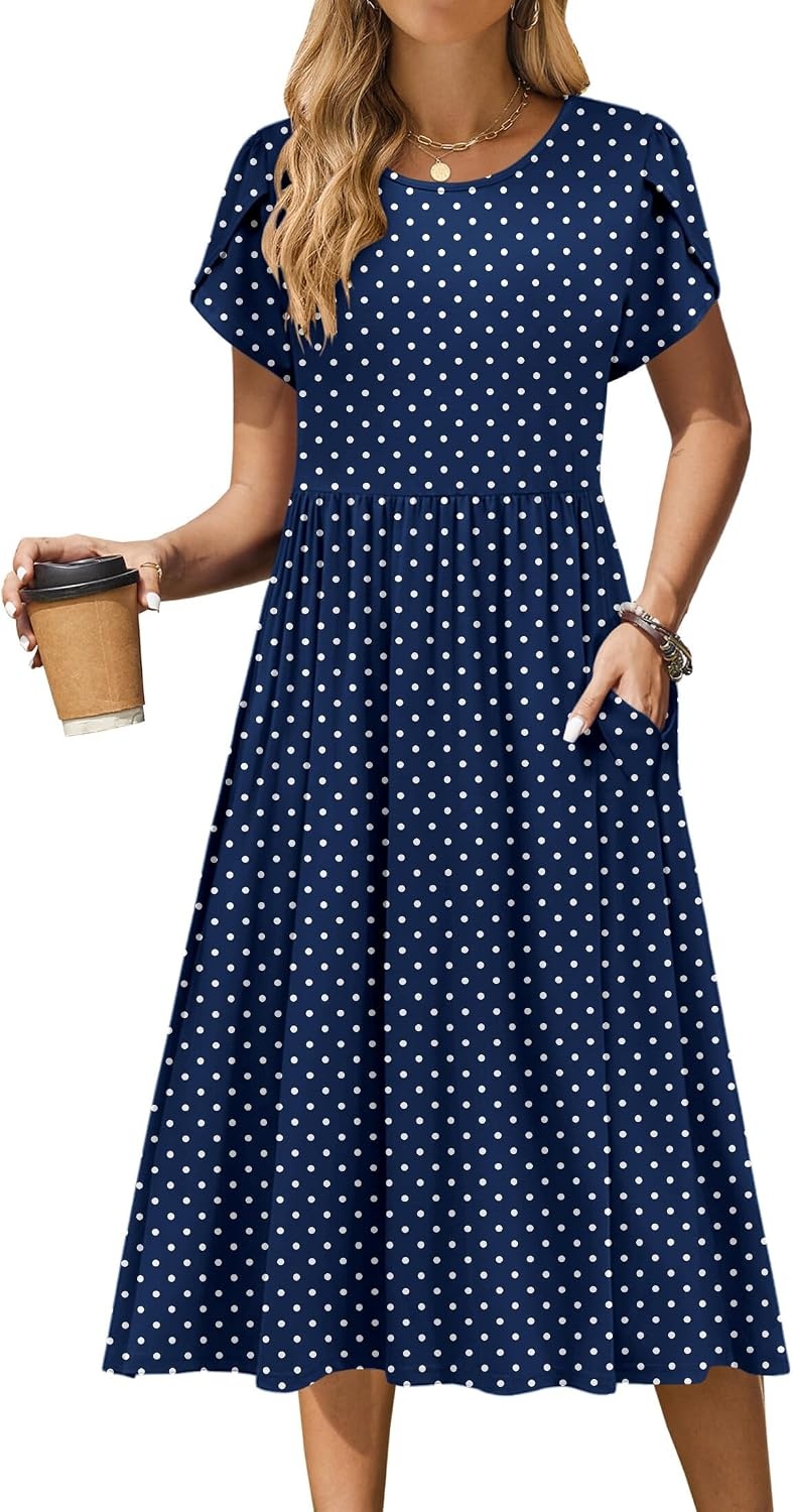 image:imageZeagoo Womens Summer Dresses Casual Aline Midi Dress Short Sleeve Floral Tshirt Dress Flowy Beach Sundresses with PocketsBlue Round Dot Print