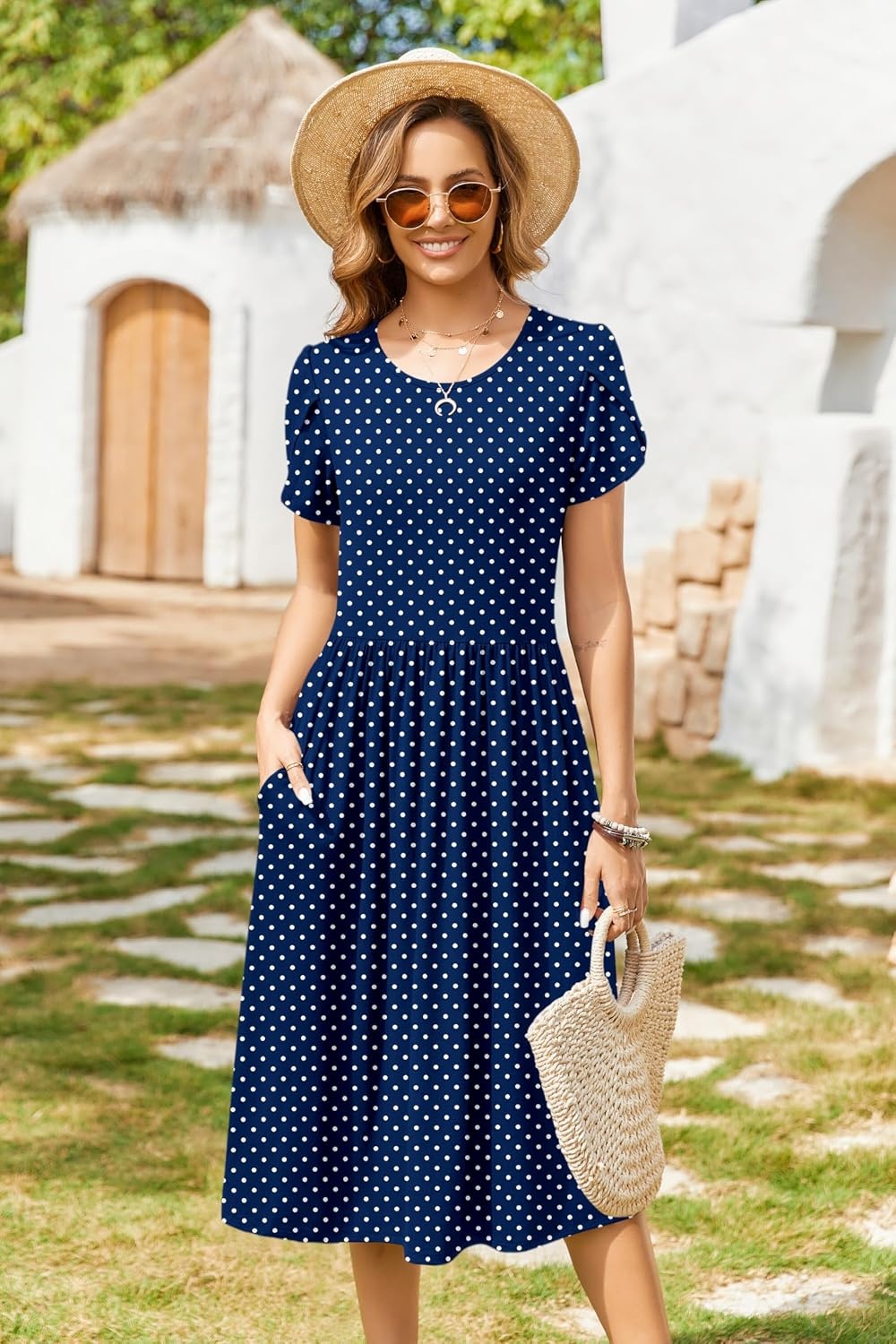 image:imageZeagoo Womens Summer Dresses Casual Aline Midi Dress Short Sleeve Floral Tshirt Dress Flowy Beach Sundresses with PocketsBlue Round Dot Print
