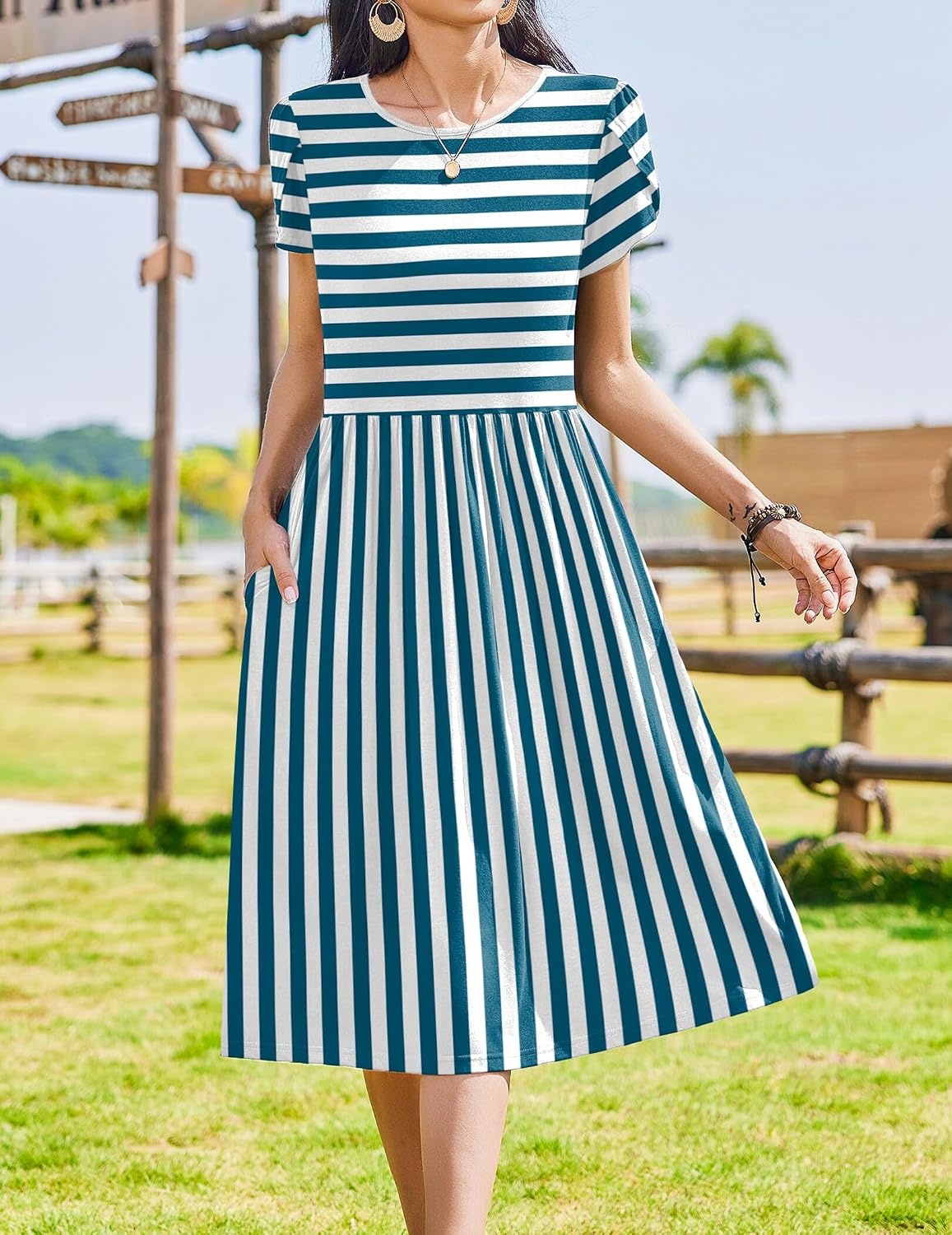 image:imageZeagoo Womens Summer Dresses Casual Aline Midi Dress Short Sleeve Floral Tshirt Dress Flowy Beach Sundresses with PocketsBlue White Stripe