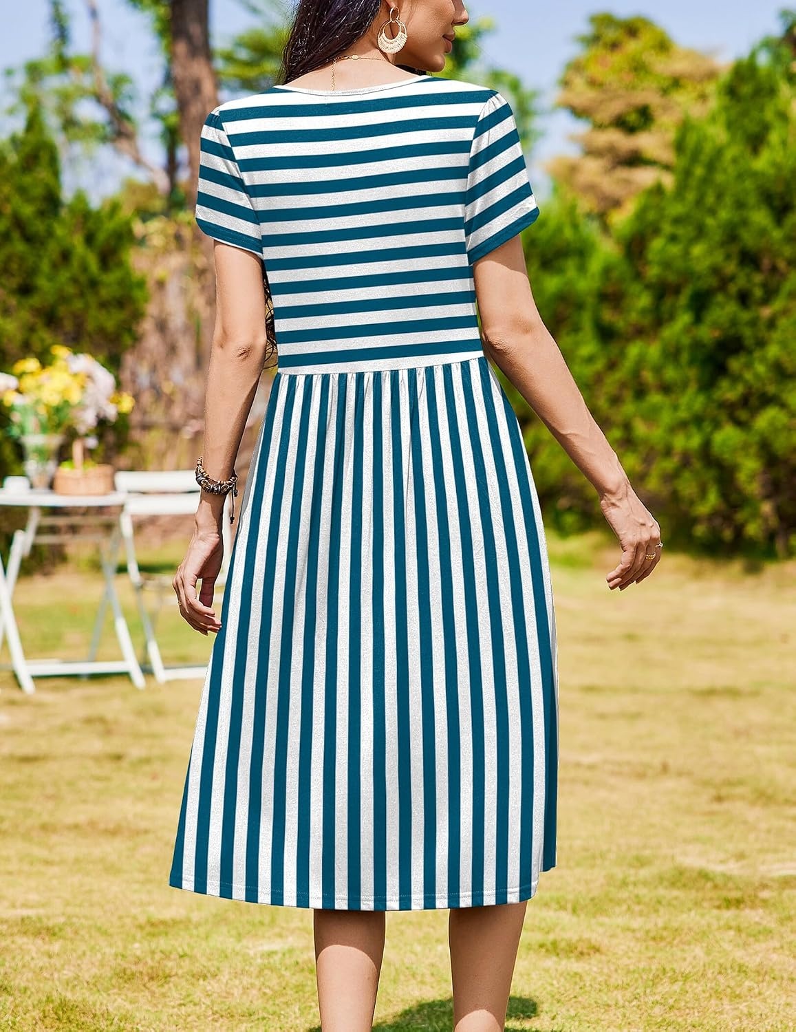 image:imageZeagoo Womens Summer Dresses Casual Aline Midi Dress Short Sleeve Floral Tshirt Dress Flowy Beach Sundresses with PocketsBlue White Stripe