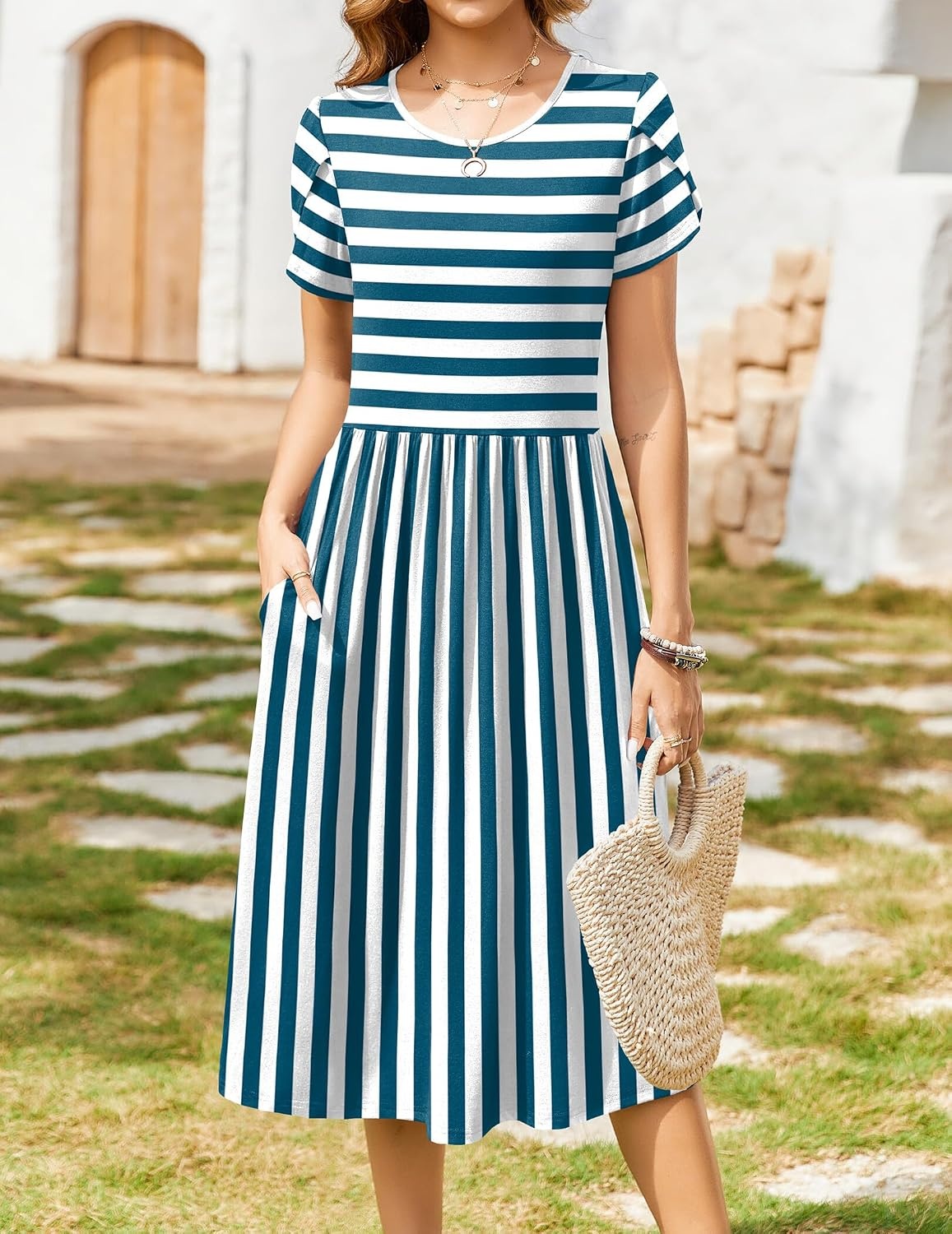 image:imageZeagoo Womens Summer Dresses Casual Aline Midi Dress Short Sleeve Floral Tshirt Dress Flowy Beach Sundresses with PocketsBlue White Stripe