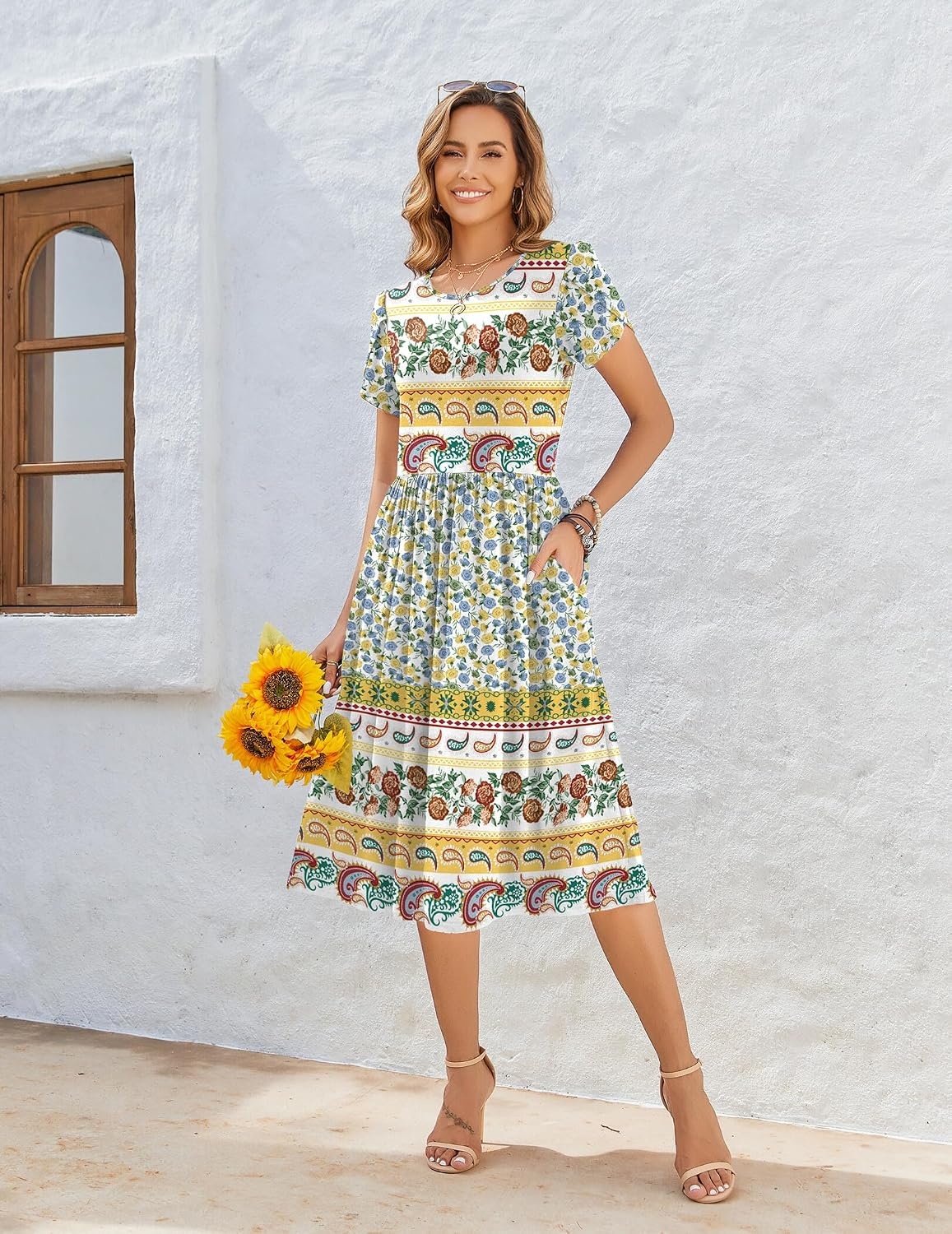 image:imageZeagoo Womens Summer Dresses Casual Aline Midi Dress Short Sleeve Floral Tshirt Dress Flowy Beach Sundresses with PocketsBlue Yellow Bohemian