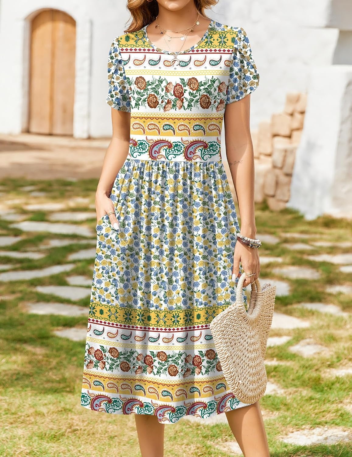 image:imageZeagoo Womens Summer Dresses Casual Aline Midi Dress Short Sleeve Floral Tshirt Dress Flowy Beach Sundresses with PocketsBlue Yellow Bohemian