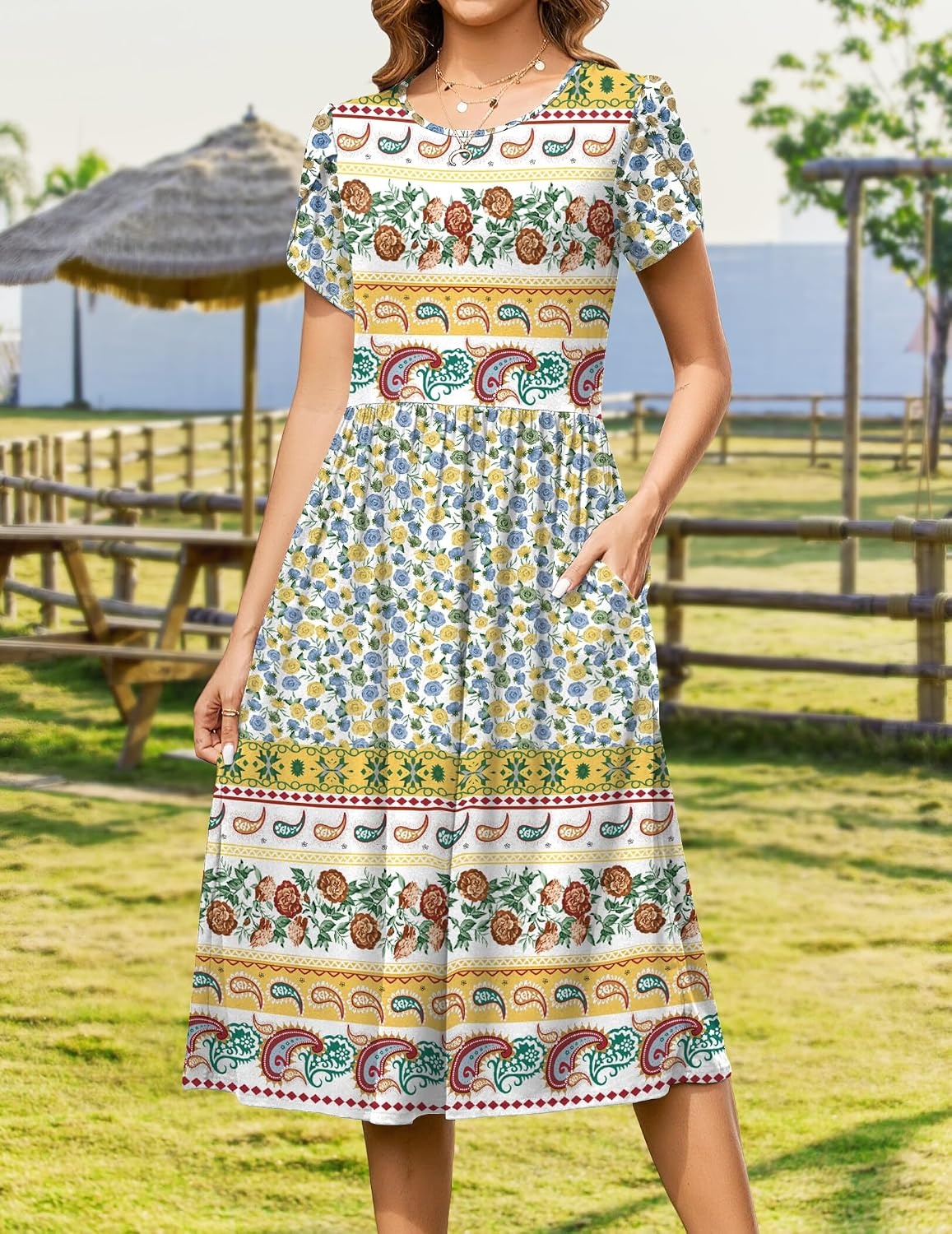 image:imageZeagoo Womens Summer Dresses Casual Aline Midi Dress Short Sleeve Floral Tshirt Dress Flowy Beach Sundresses with PocketsBlue Yellow Bohemian