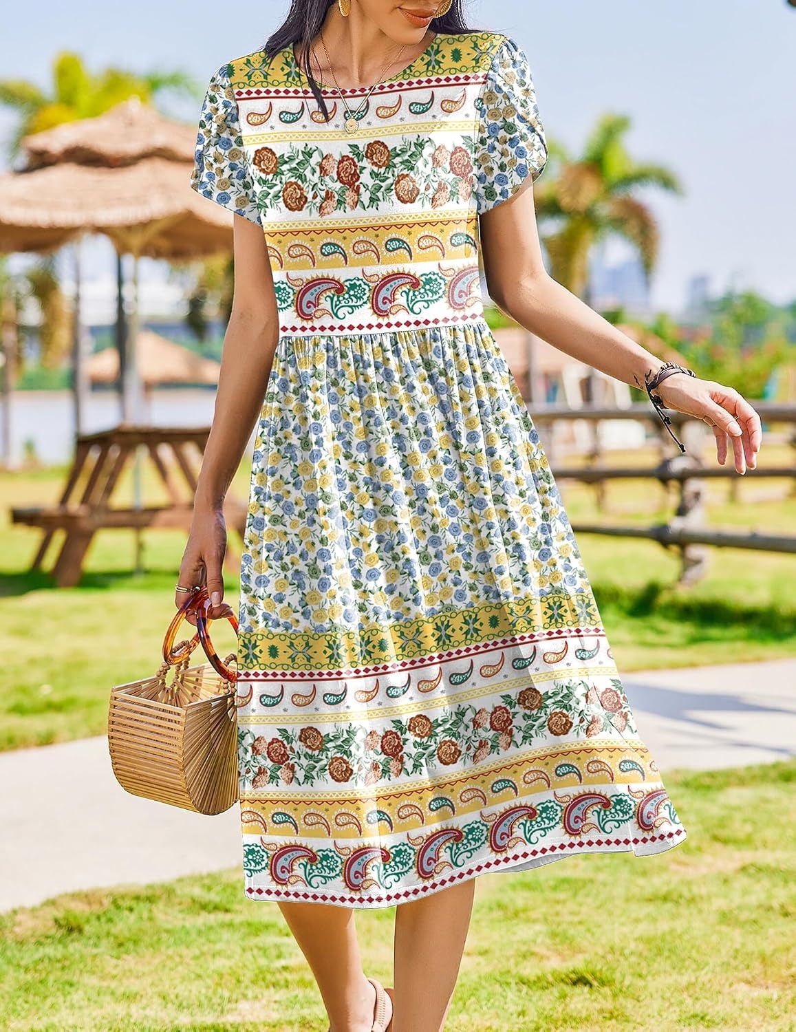image:imageZeagoo Womens Summer Dresses Casual Aline Midi Dress Short Sleeve Floral Tshirt Dress Flowy Beach Sundresses with PocketsBlue Yellow Bohemian