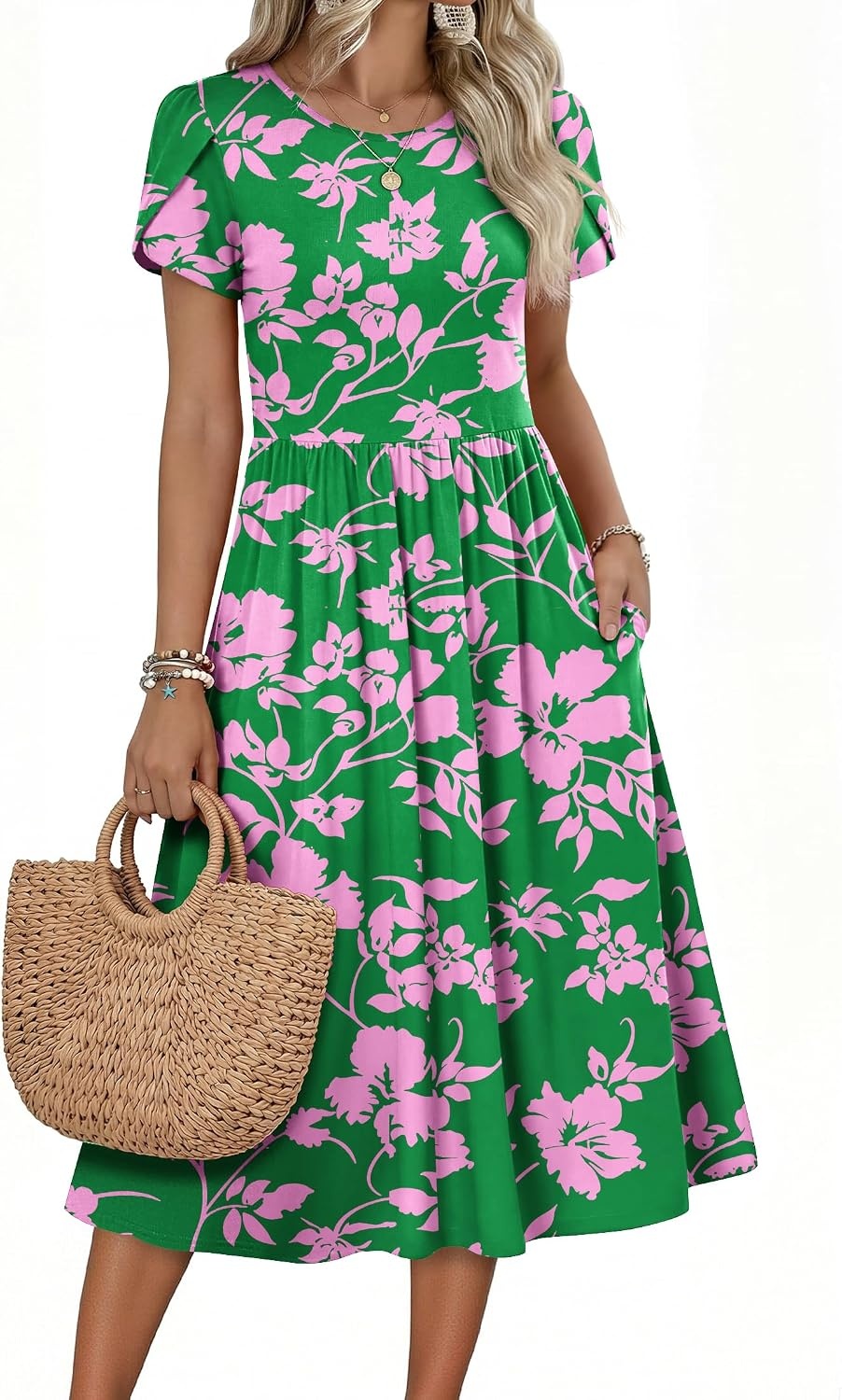 image:imageZeagoo Womens Summer Dresses Casual Aline Midi Dress Short Sleeve Floral Tshirt Dress Flowy Beach Sundresses with PocketsDh594