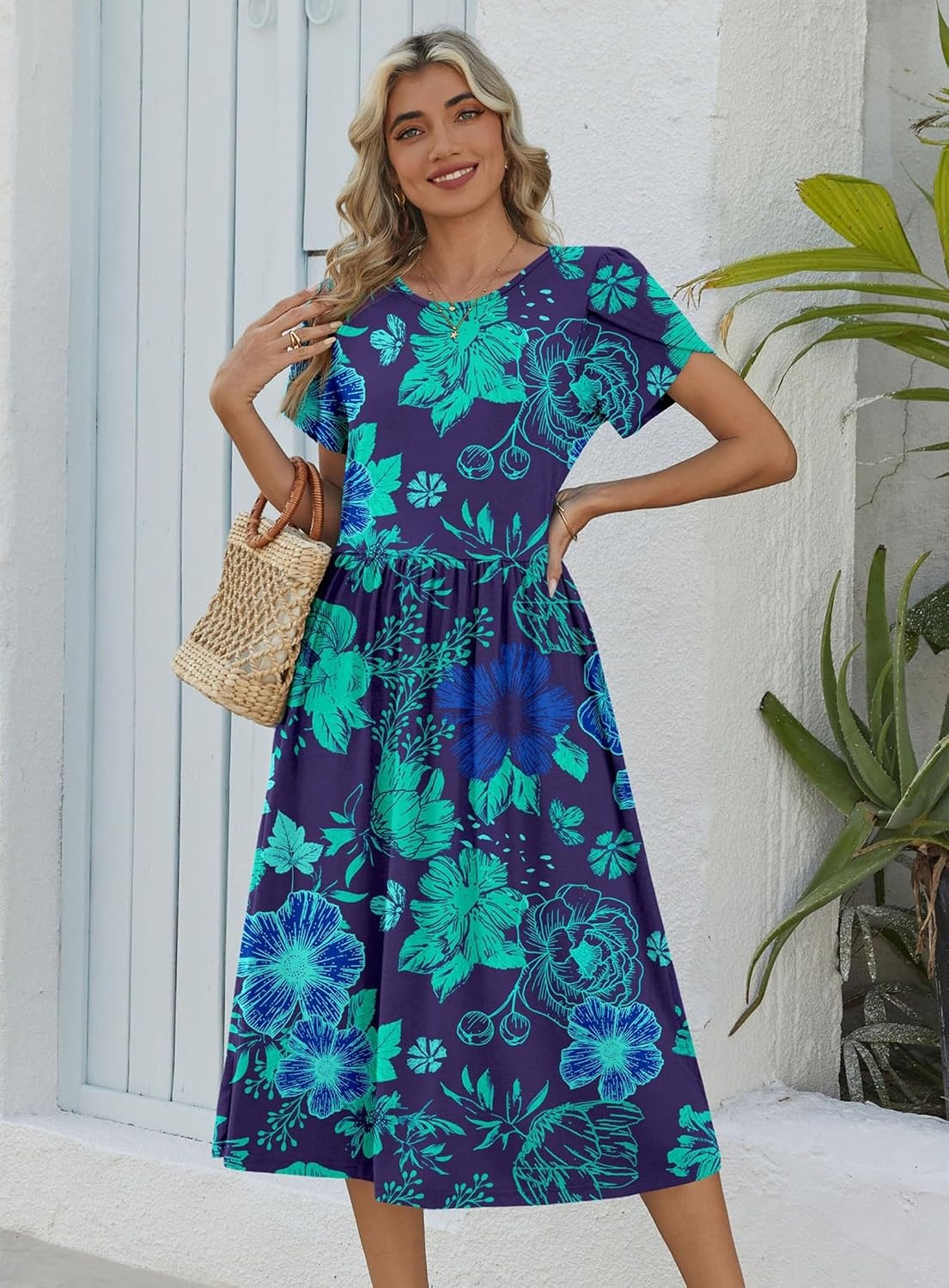 image:imageZeagoo Womens Summer Dresses Casual Aline Midi Dress Short Sleeve Floral Tshirt Dress Flowy Beach Sundresses with PocketsGreen Floral Dark Blue