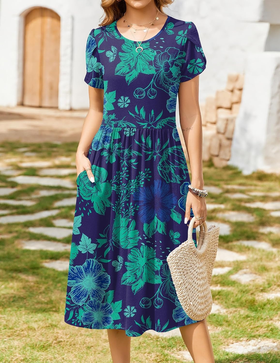 image:imageZeagoo Womens Summer Dresses Casual Aline Midi Dress Short Sleeve Floral Tshirt Dress Flowy Beach Sundresses with PocketsGreen Floral Dark Blue