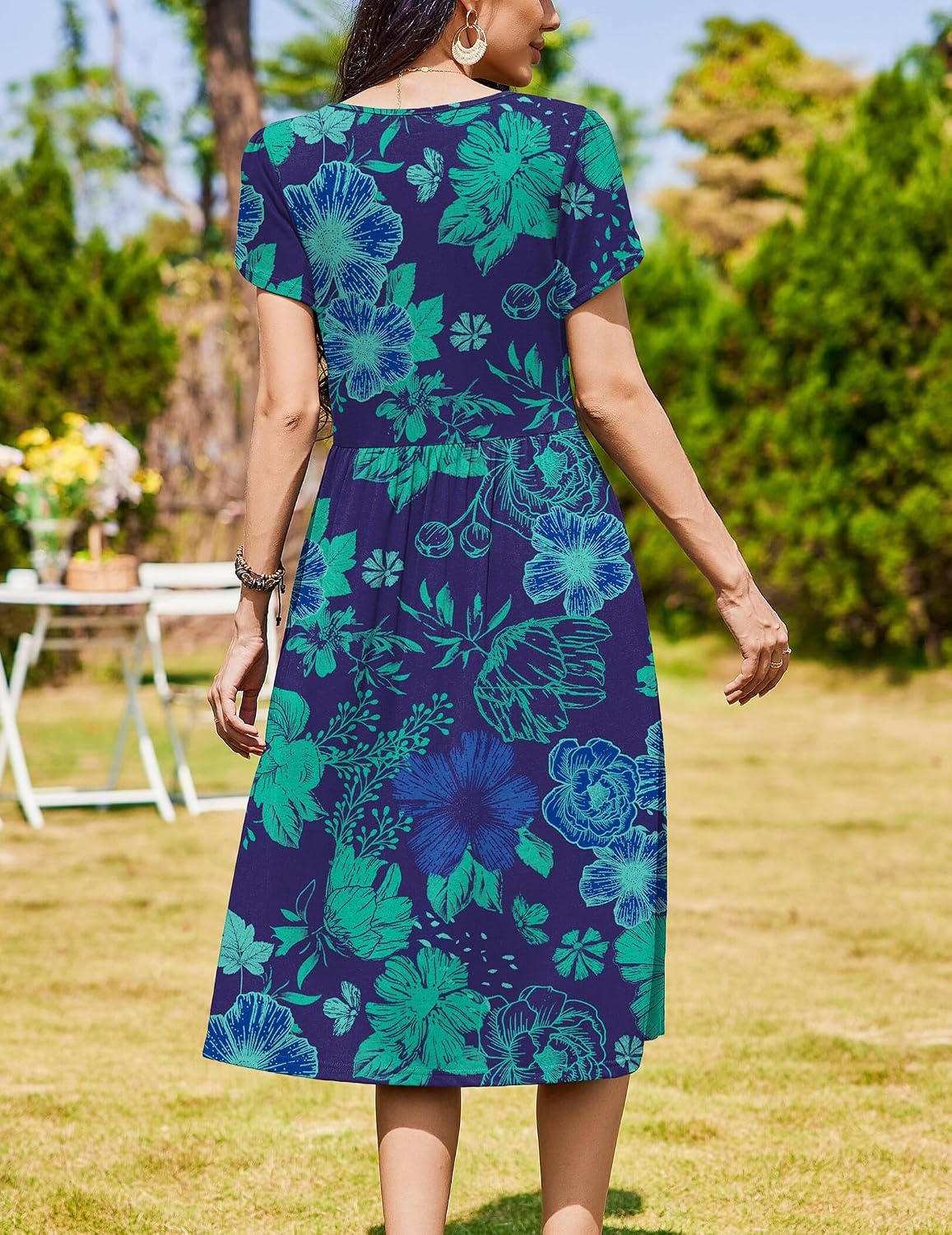 image:imageZeagoo Womens Summer Dresses Casual Aline Midi Dress Short Sleeve Floral Tshirt Dress Flowy Beach Sundresses with PocketsGreen Floral Dark Blue