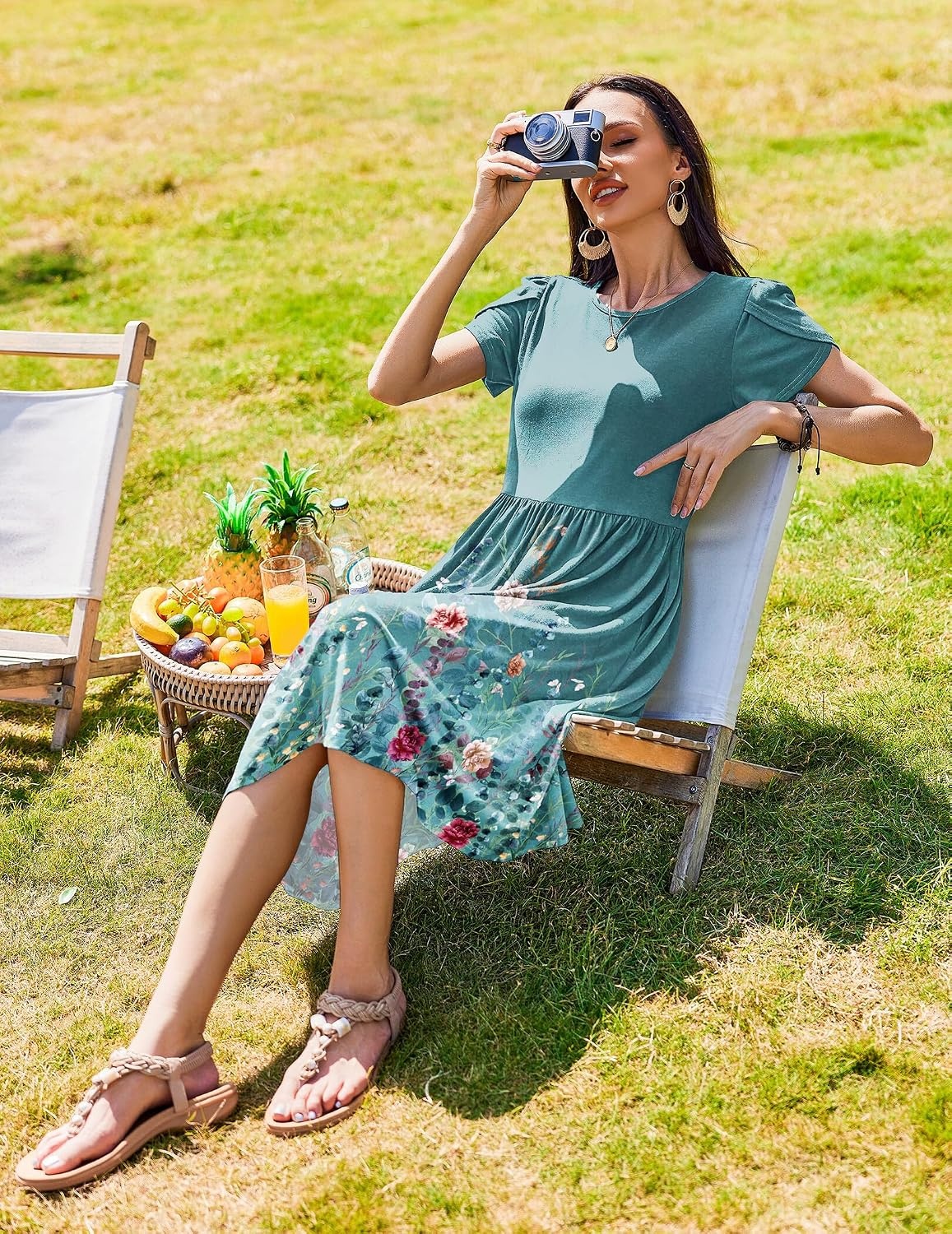 image:imageZeagoo Womens Summer Dresses Casual Aline Midi Dress Short Sleeve Floral Tshirt Dress Flowy Beach Sundresses with PocketsGreen Print