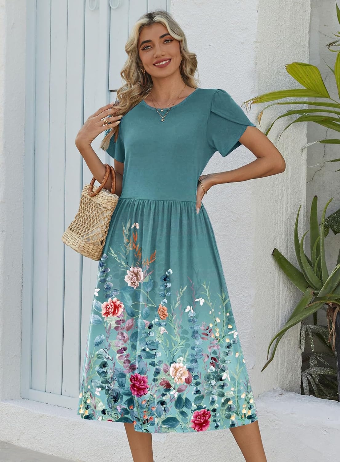 image:imageZeagoo Womens Summer Dresses Casual Aline Midi Dress Short Sleeve Floral Tshirt Dress Flowy Beach Sundresses with PocketsGreen Print