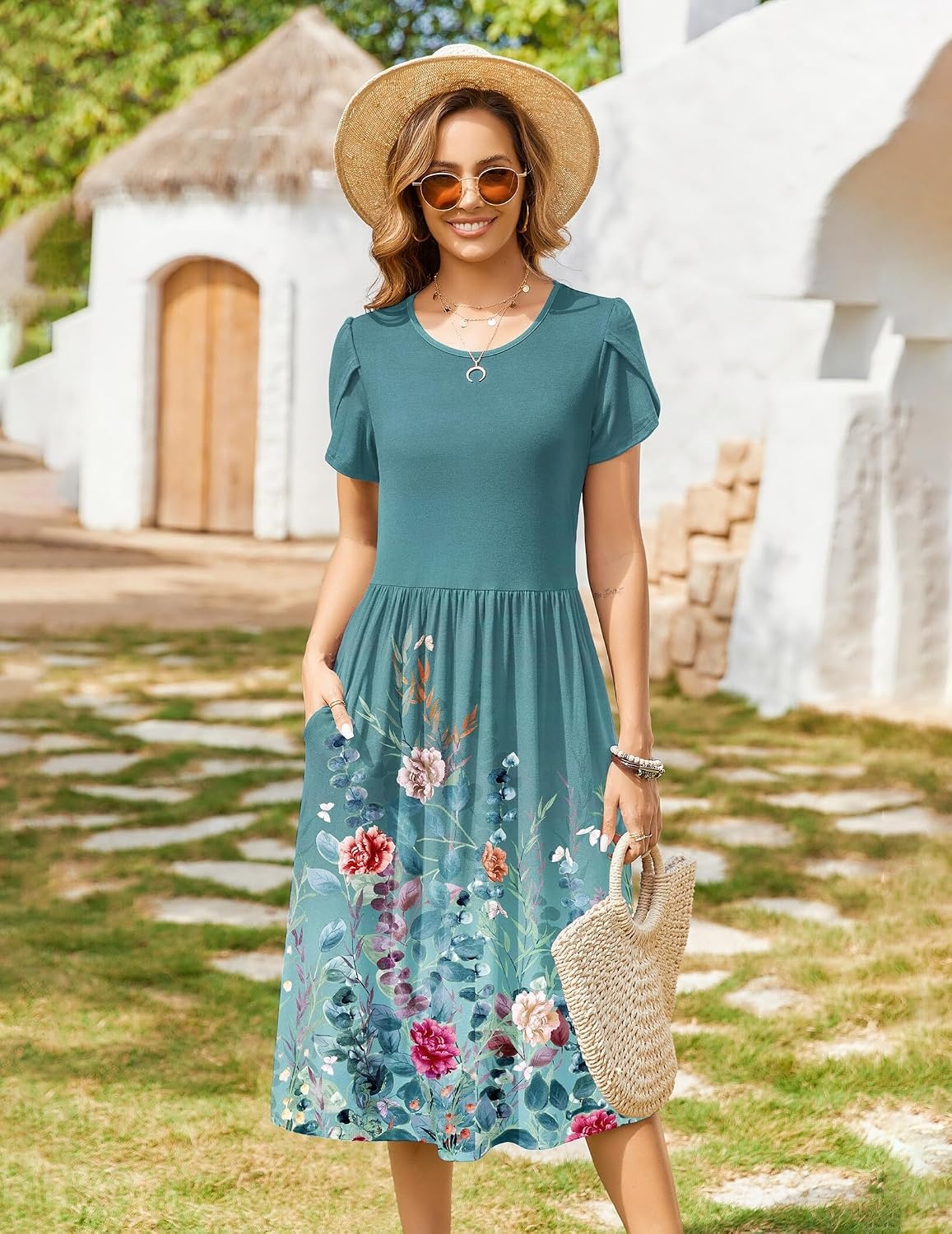 image:imageZeagoo Womens Summer Dresses Casual Aline Midi Dress Short Sleeve Floral Tshirt Dress Flowy Beach Sundresses with PocketsGreen Print