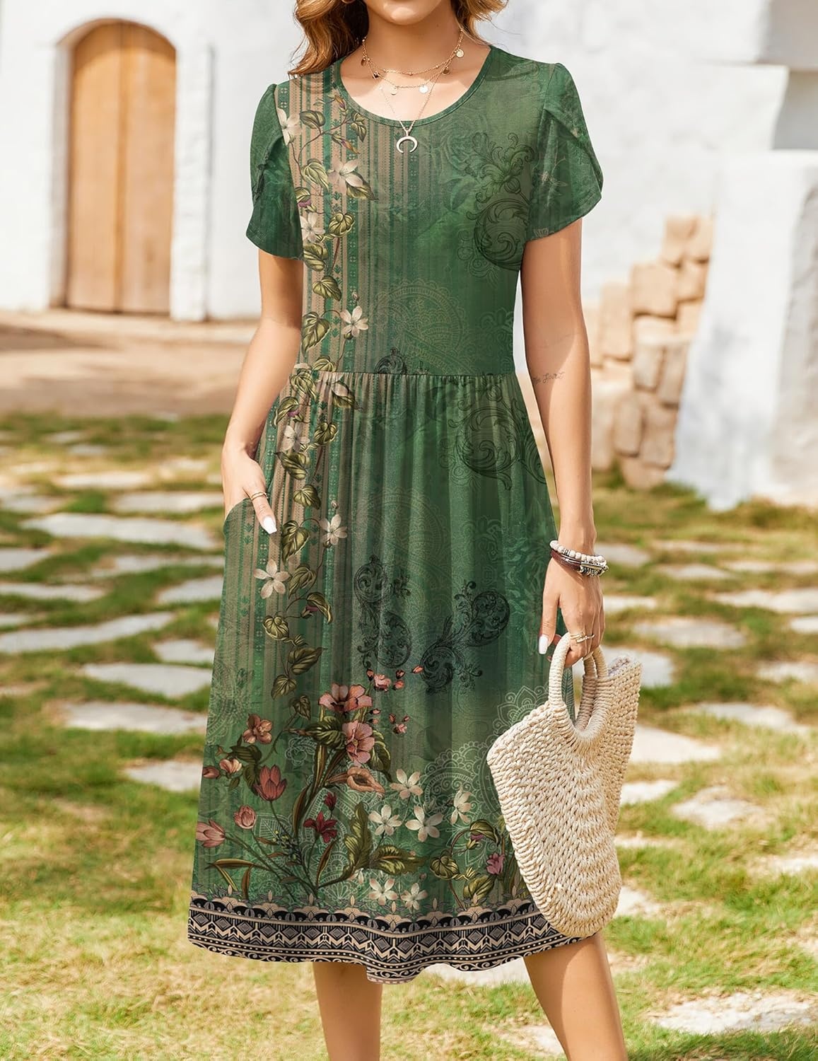 image:imageZeagoo Womens Summer Dresses Casual Aline Midi Dress Short Sleeve Floral Tshirt Dress Flowy Beach Sundresses with PocketsGreen Printed
