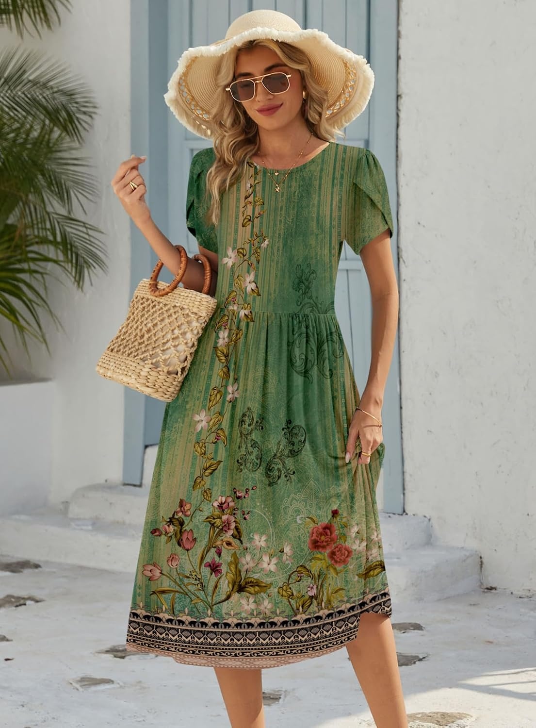 image:imageZeagoo Womens Summer Dresses Casual Aline Midi Dress Short Sleeve Floral Tshirt Dress Flowy Beach Sundresses with PocketsGreen Printed