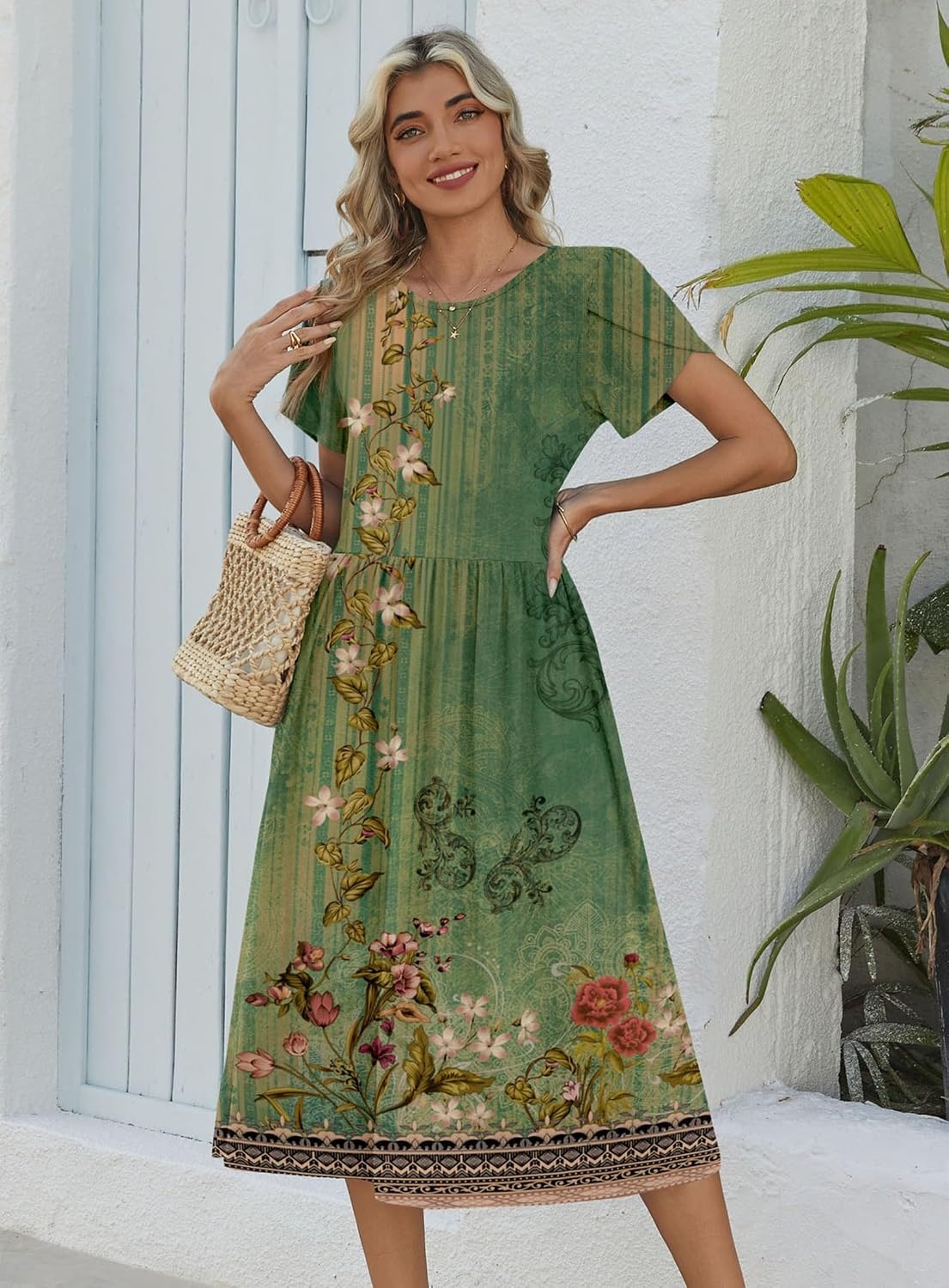 image:imageZeagoo Womens Summer Dresses Casual Aline Midi Dress Short Sleeve Floral Tshirt Dress Flowy Beach Sundresses with PocketsGreen Printed