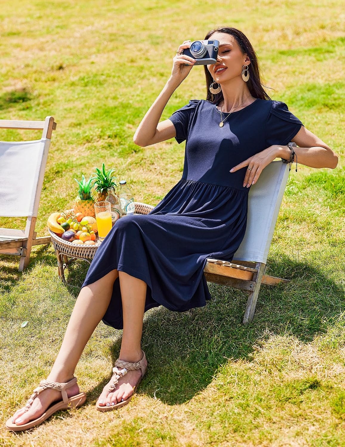 image:imageZeagoo Womens Summer Dresses Casual Aline Midi Dress Short Sleeve Floral Tshirt Dress Flowy Beach Sundresses with PocketsNavy Blue