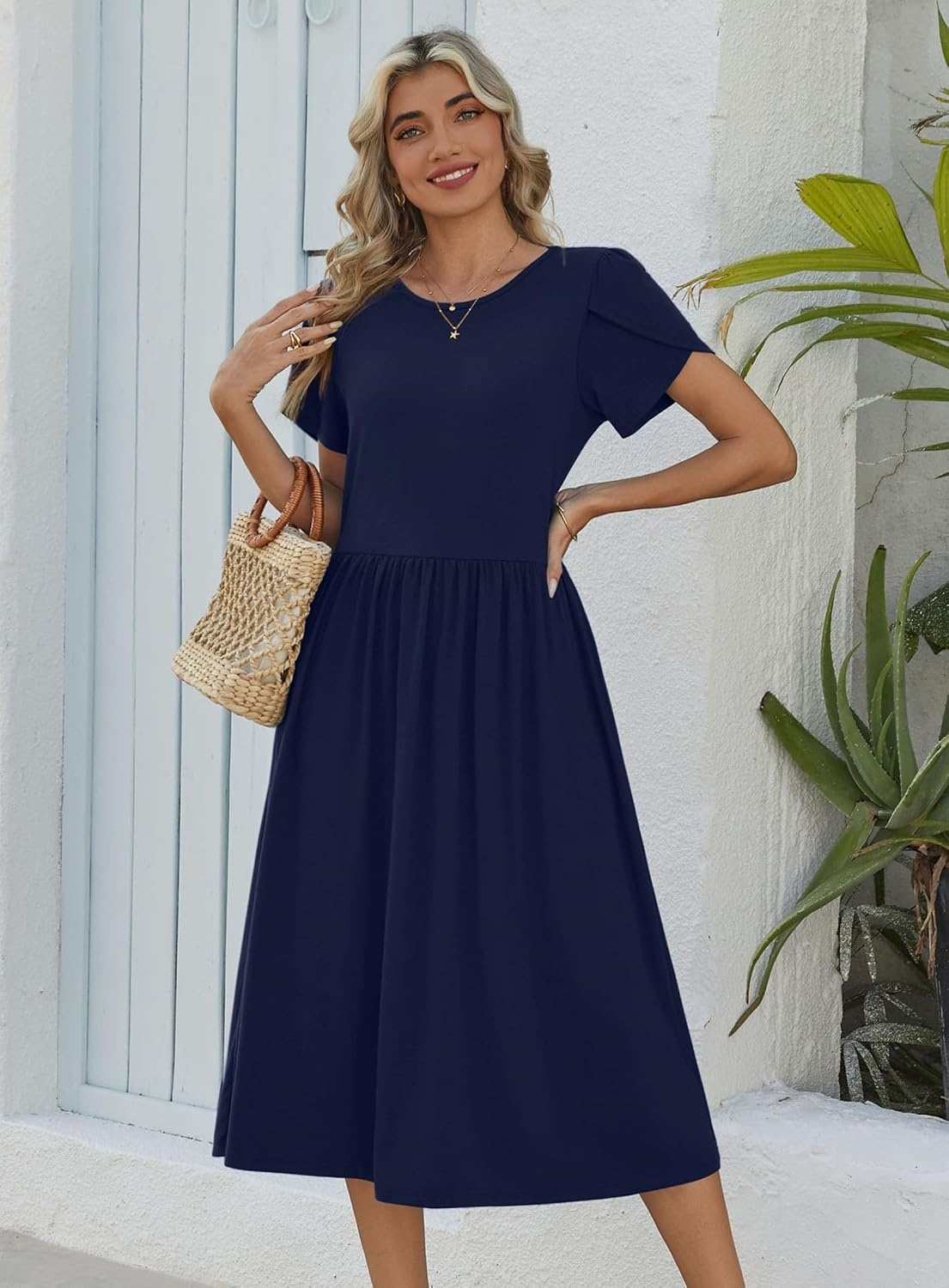 image:imageZeagoo Womens Summer Dresses Casual Aline Midi Dress Short Sleeve Floral Tshirt Dress Flowy Beach Sundresses with PocketsNavy Blue