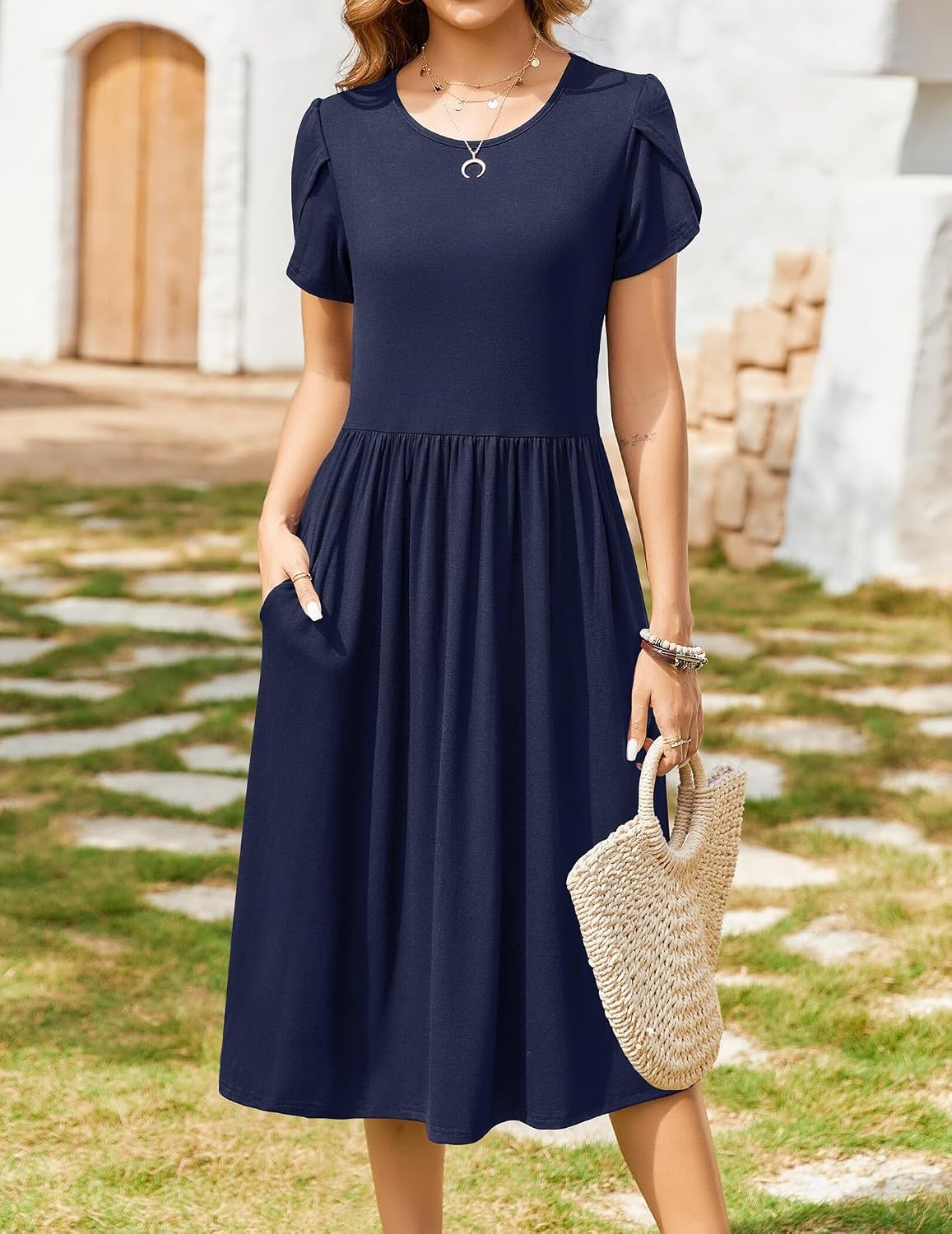image:imageZeagoo Womens Summer Dresses Casual Aline Midi Dress Short Sleeve Floral Tshirt Dress Flowy Beach Sundresses with PocketsNavy Blue