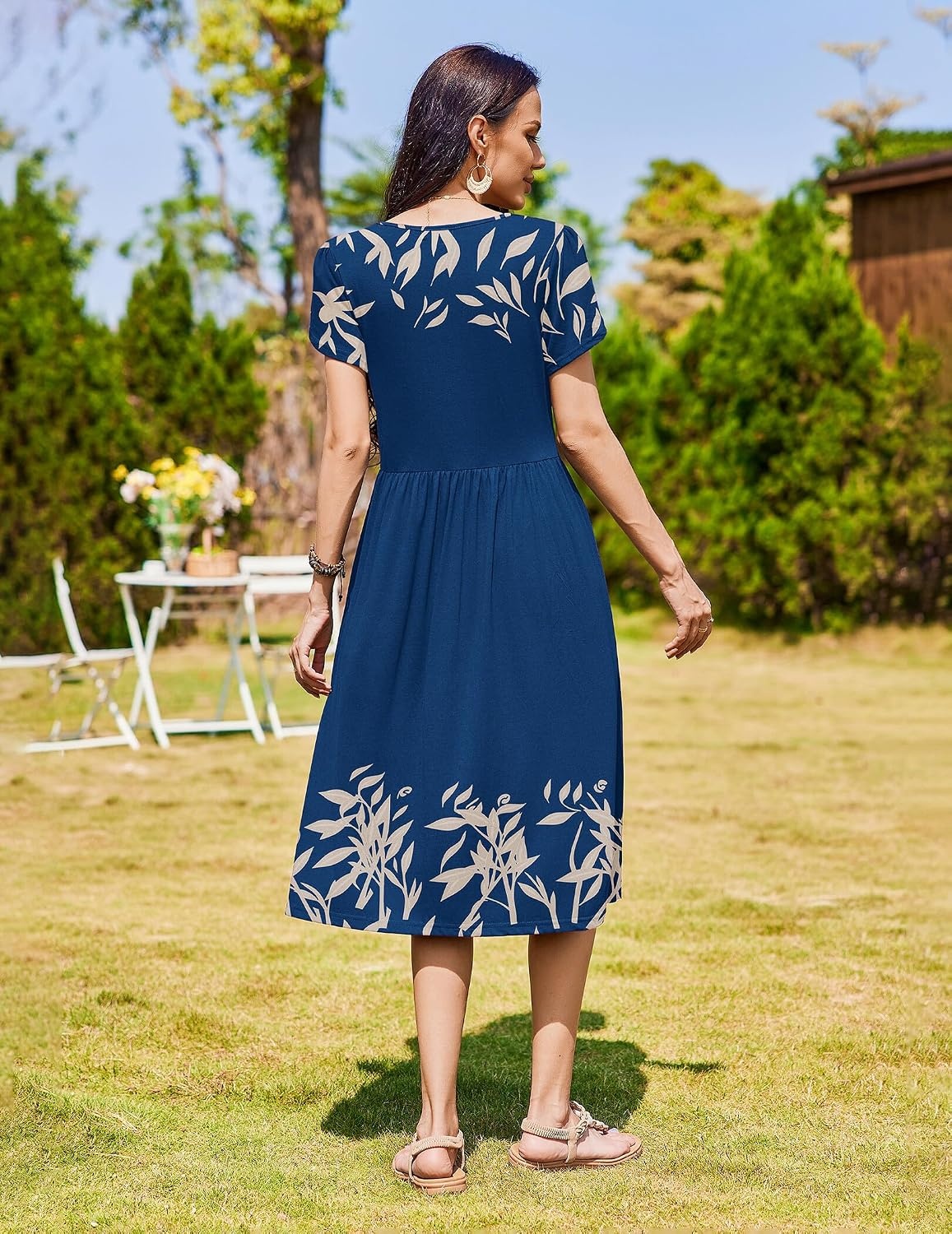 image:imageZeagoo Womens Summer Dresses Casual Aline Midi Dress Short Sleeve Floral Tshirt Dress Flowy Beach Sundresses with PocketsNavy Leaf Print