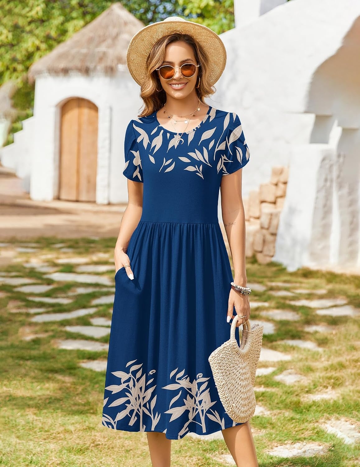 image:imageZeagoo Womens Summer Dresses Casual Aline Midi Dress Short Sleeve Floral Tshirt Dress Flowy Beach Sundresses with PocketsNavy Leaf Print