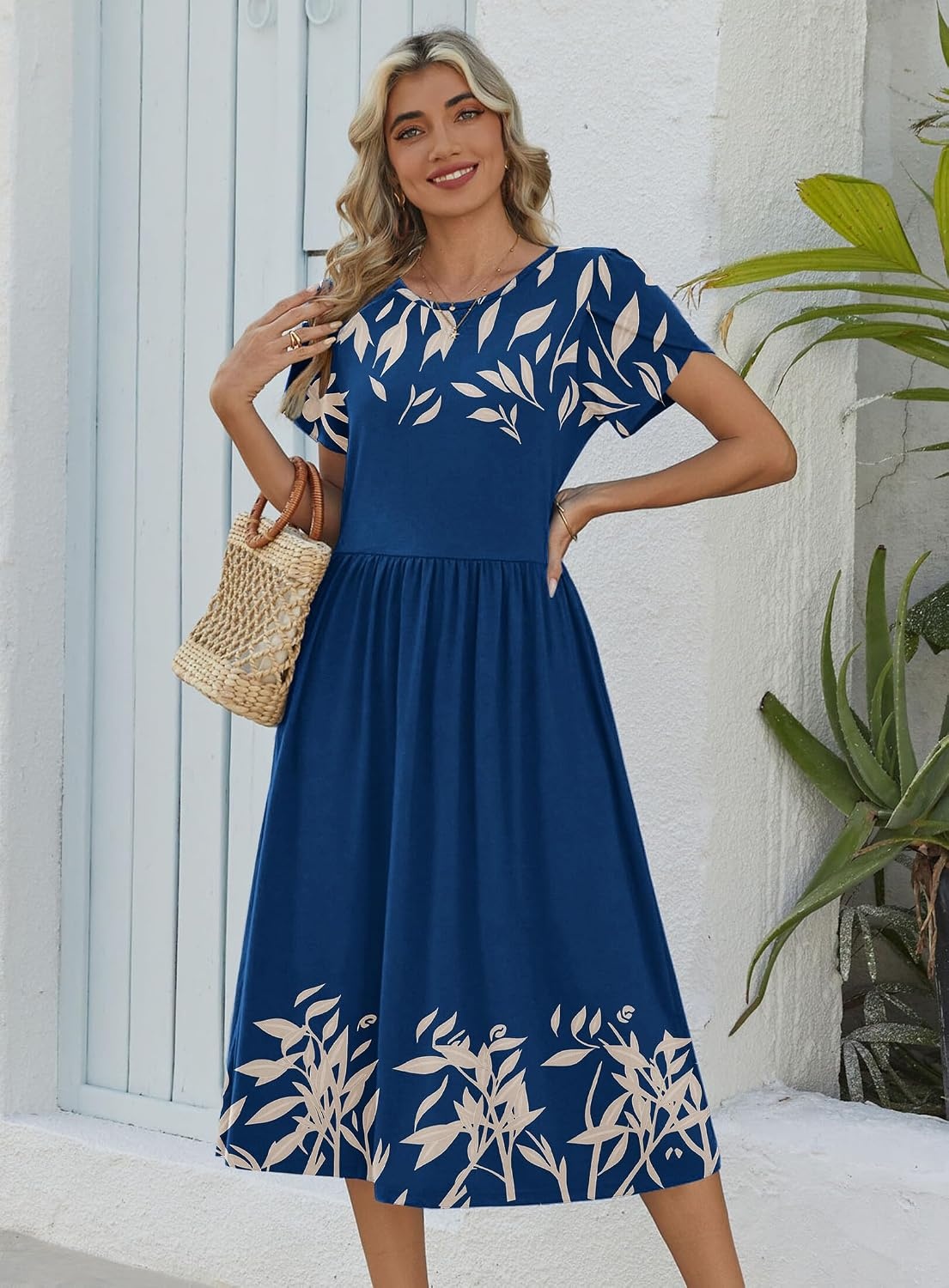 image:imageZeagoo Womens Summer Dresses Casual Aline Midi Dress Short Sleeve Floral Tshirt Dress Flowy Beach Sundresses with PocketsNavy Leaf Print