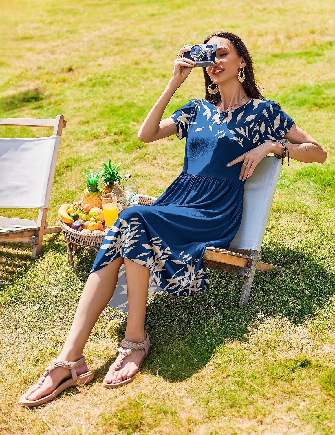 image:imageZeagoo Womens Summer Dresses Casual Aline Midi Dress Short Sleeve Floral Tshirt Dress Flowy Beach Sundresses with PocketsNavy Leaf Print