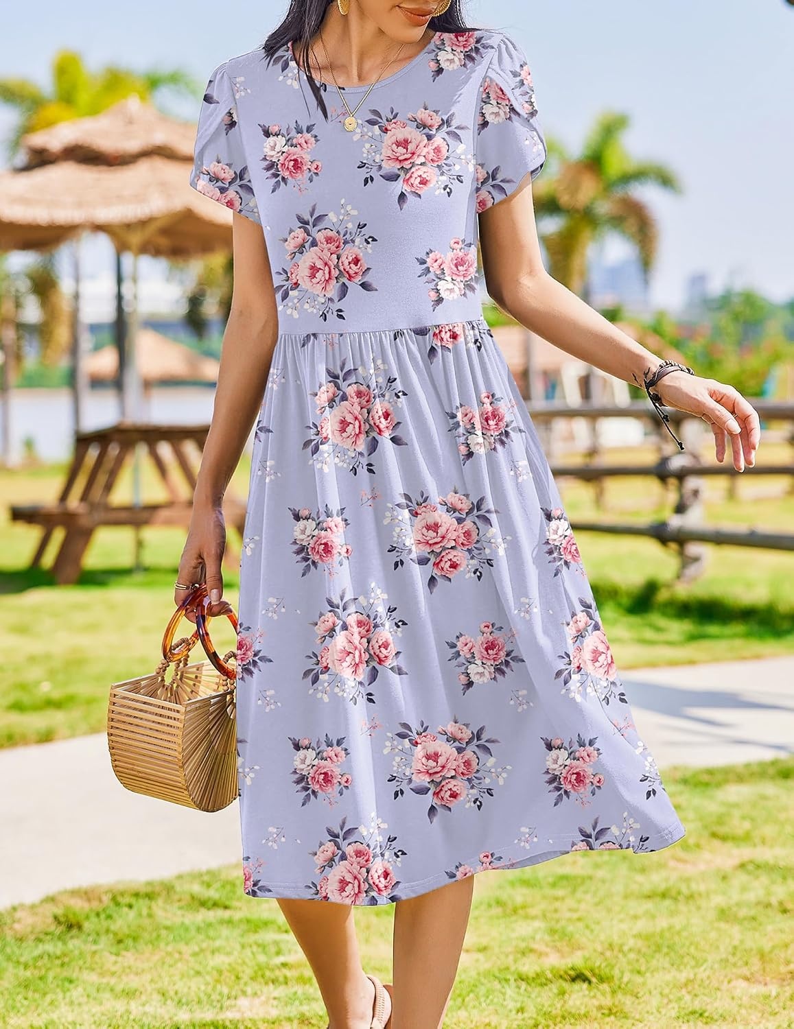 image:imageZeagoo Womens Summer Dresses Casual Aline Midi Dress Short Sleeve Floral Tshirt Dress Flowy Beach Sundresses with PocketsPurple Floral