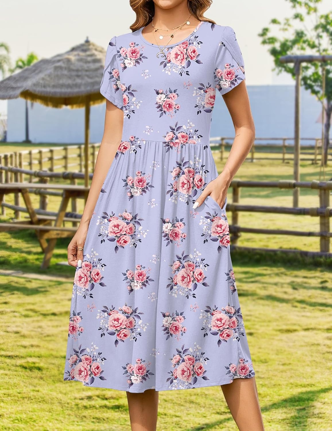 image:imageZeagoo Womens Summer Dresses Casual Aline Midi Dress Short Sleeve Floral Tshirt Dress Flowy Beach Sundresses with PocketsPurple Floral