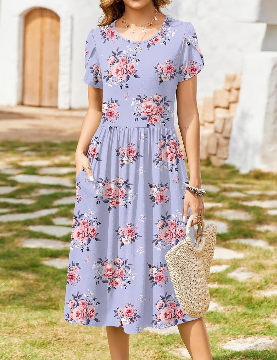 image:imageZeagoo Womens Summer Dresses Casual Aline Midi Dress Short Sleeve Floral Tshirt Dress Flowy Beach Sundresses with PocketsPurple Floral