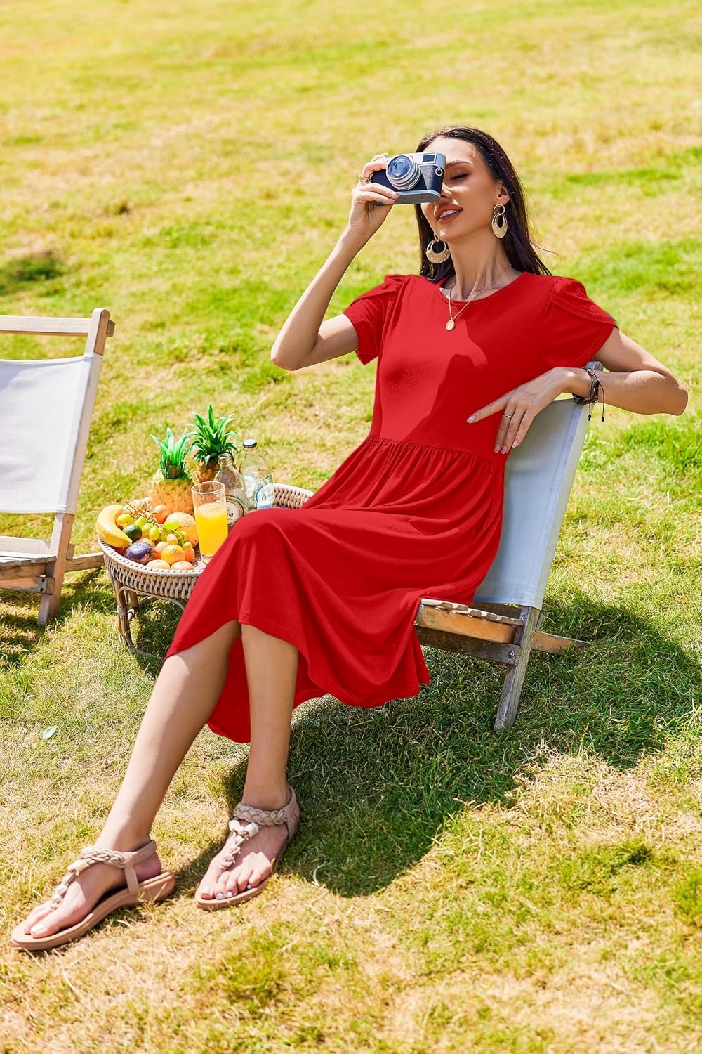 image:imageZeagoo Womens Summer Dresses Casual Aline Midi Dress Short Sleeve Floral Tshirt Dress Flowy Beach Sundresses with PocketsRed
