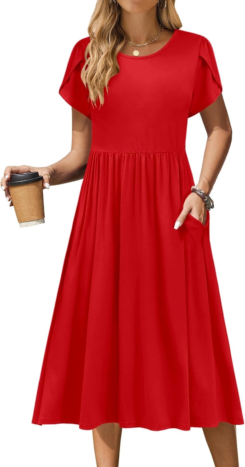 image:imageZeagoo Womens Summer Dresses Casual Aline Midi Dress Short Sleeve Floral Tshirt Dress Flowy Beach Sundresses with PocketsRed