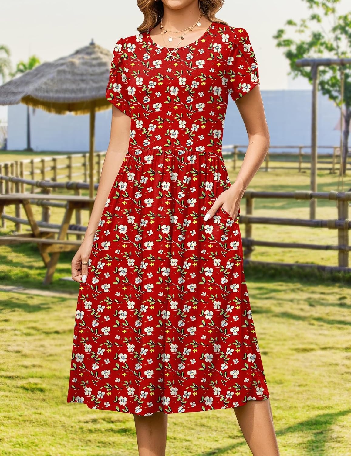 image:imageZeagoo Womens Summer Dresses Casual Aline Midi Dress Short Sleeve Floral Tshirt Dress Flowy Beach Sundresses with PocketsRed Floral