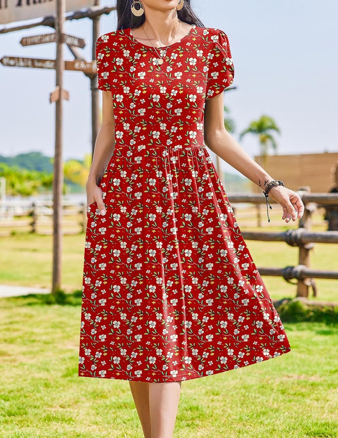 image:imageZeagoo Womens Summer Dresses Casual Aline Midi Dress Short Sleeve Floral Tshirt Dress Flowy Beach Sundresses with PocketsRed Floral