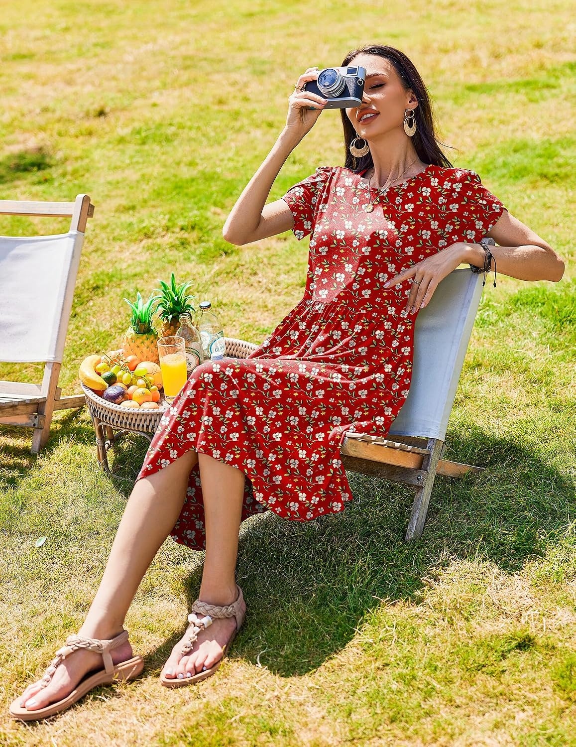 image:imageZeagoo Womens Summer Dresses Casual Aline Midi Dress Short Sleeve Floral Tshirt Dress Flowy Beach Sundresses with PocketsRed Floral