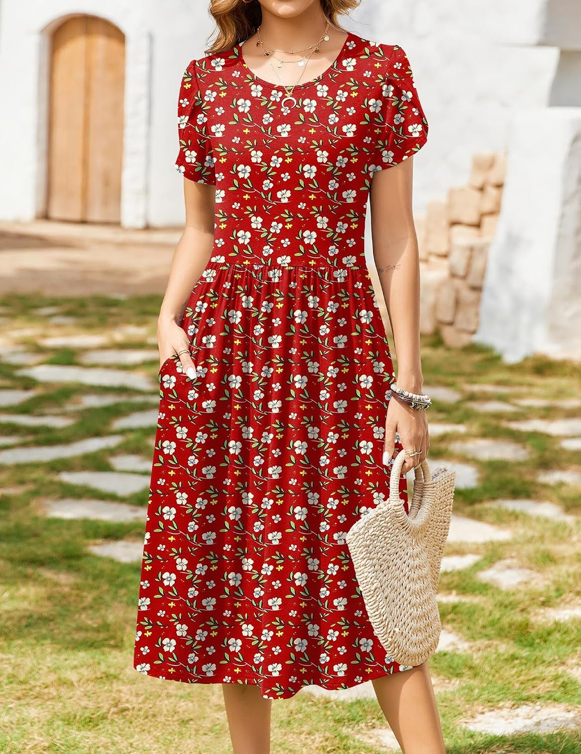 image:imageZeagoo Womens Summer Dresses Casual Aline Midi Dress Short Sleeve Floral Tshirt Dress Flowy Beach Sundresses with PocketsRed Floral