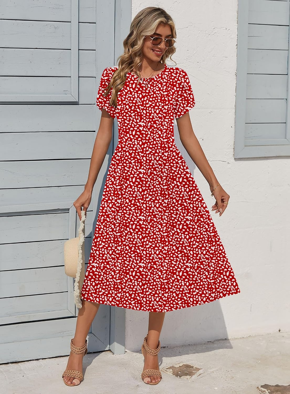 image:imageZeagoo Womens Summer Dresses Casual Aline Midi Dress Short Sleeve Floral Tshirt Dress Flowy Beach Sundresses with PocketsRed Round Dot