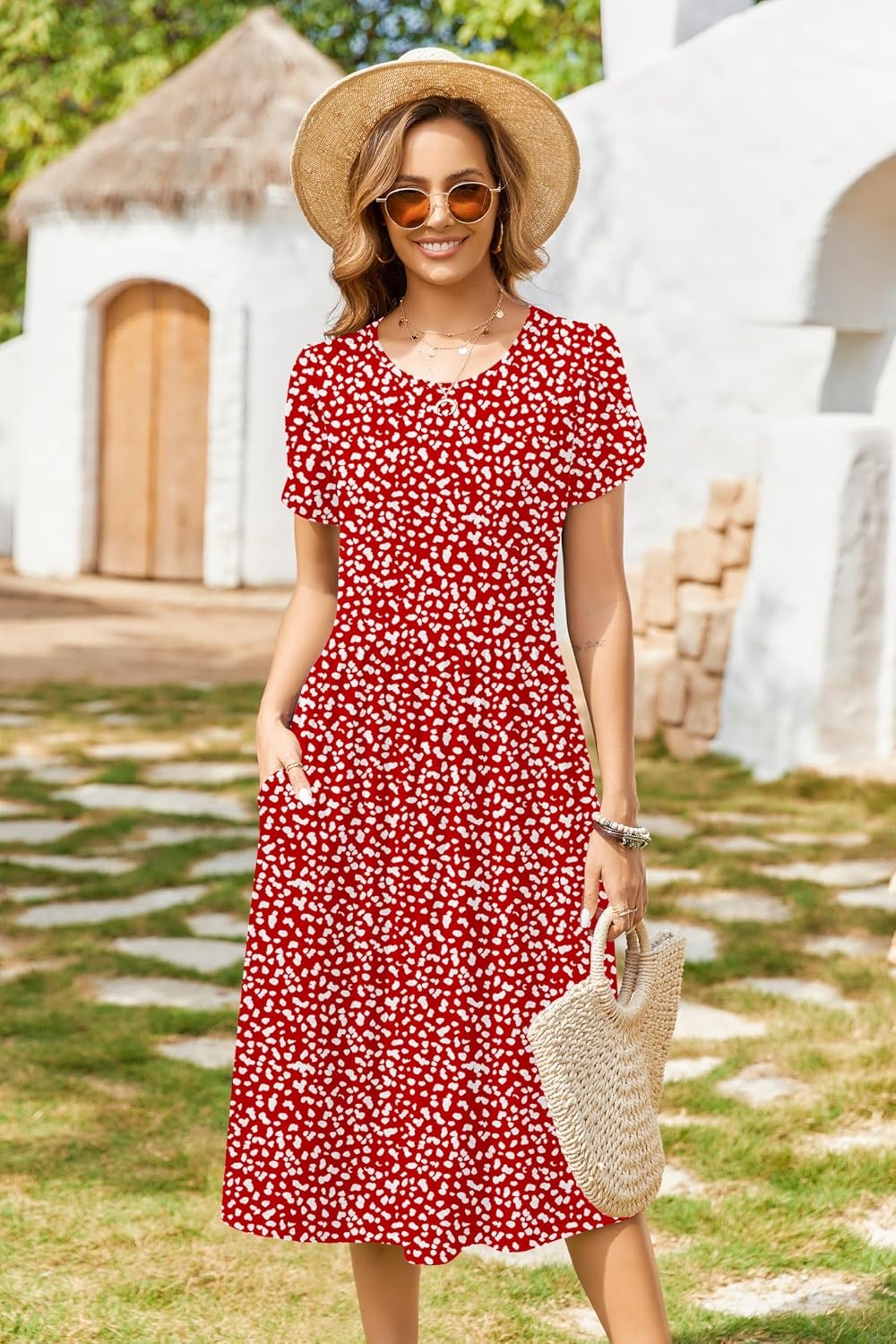 image:imageZeagoo Womens Summer Dresses Casual Aline Midi Dress Short Sleeve Floral Tshirt Dress Flowy Beach Sundresses with PocketsRed Round Dot
