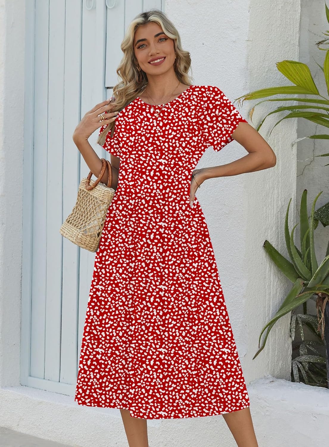 image:imageZeagoo Womens Summer Dresses Casual Aline Midi Dress Short Sleeve Floral Tshirt Dress Flowy Beach Sundresses with PocketsRed Round Dot