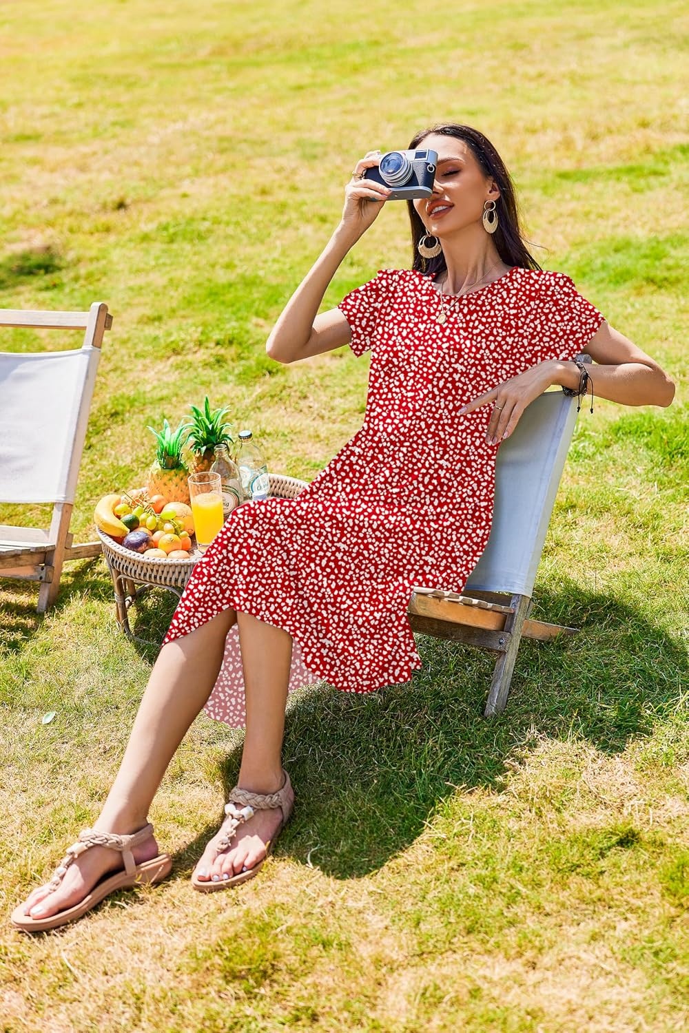image:imageZeagoo Womens Summer Dresses Casual Aline Midi Dress Short Sleeve Floral Tshirt Dress Flowy Beach Sundresses with PocketsRed Round Dot