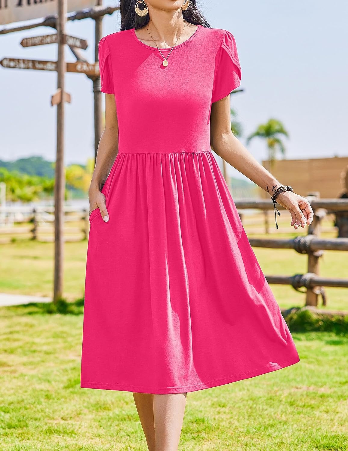 image:imageZeagoo Womens Summer Dresses Casual Aline Midi Dress Short Sleeve Floral Tshirt Dress Flowy Beach Sundresses with PocketsRose Red
