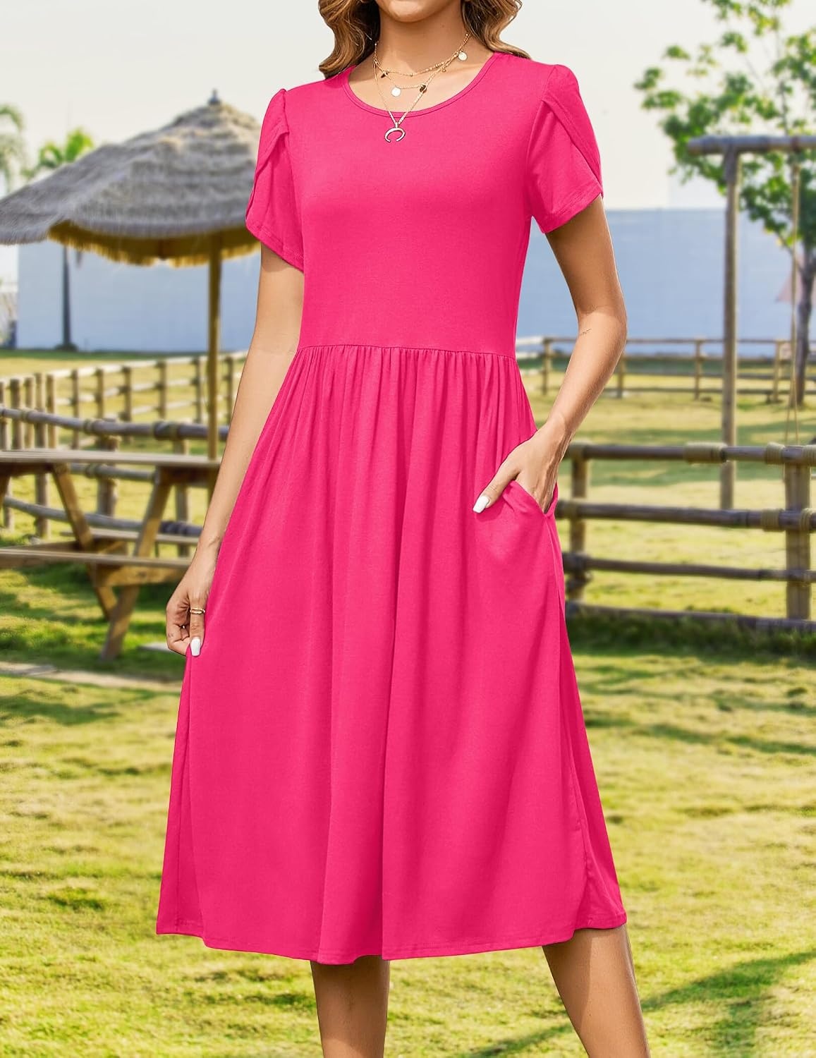 image:imageZeagoo Womens Summer Dresses Casual Aline Midi Dress Short Sleeve Floral Tshirt Dress Flowy Beach Sundresses with PocketsRose Red