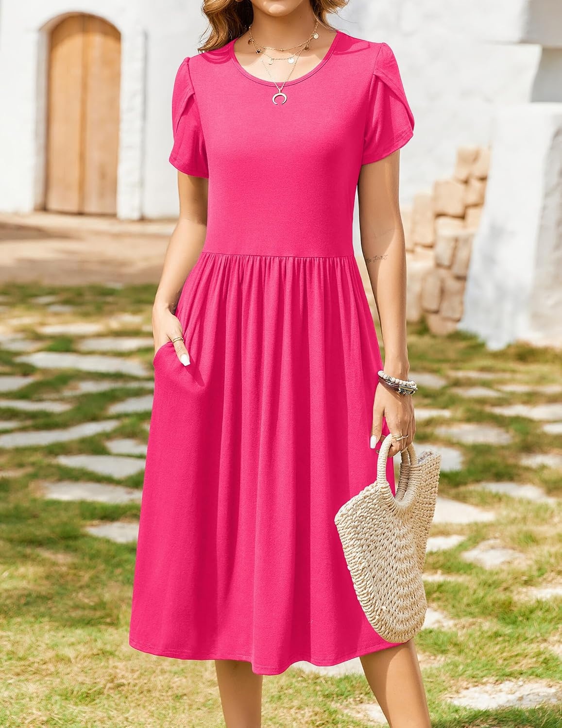 image:imageZeagoo Womens Summer Dresses Casual Aline Midi Dress Short Sleeve Floral Tshirt Dress Flowy Beach Sundresses with PocketsRose Red