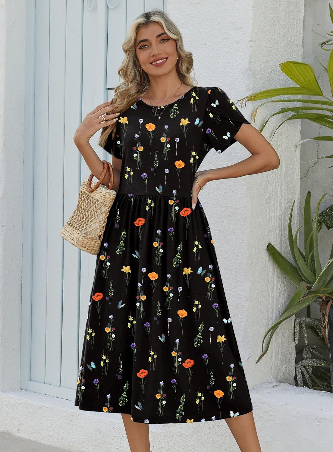 image:imageZeagoo Womens Summer Dresses Casual Aline Midi Dress Short Sleeve Floral Tshirt Dress Flowy Beach Sundresses with PocketsWf100