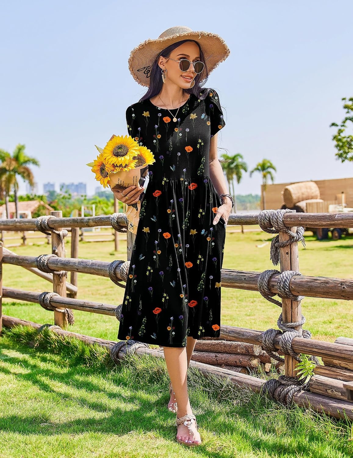 image:imageZeagoo Womens Summer Dresses Casual Aline Midi Dress Short Sleeve Floral Tshirt Dress Flowy Beach Sundresses with PocketsWf100