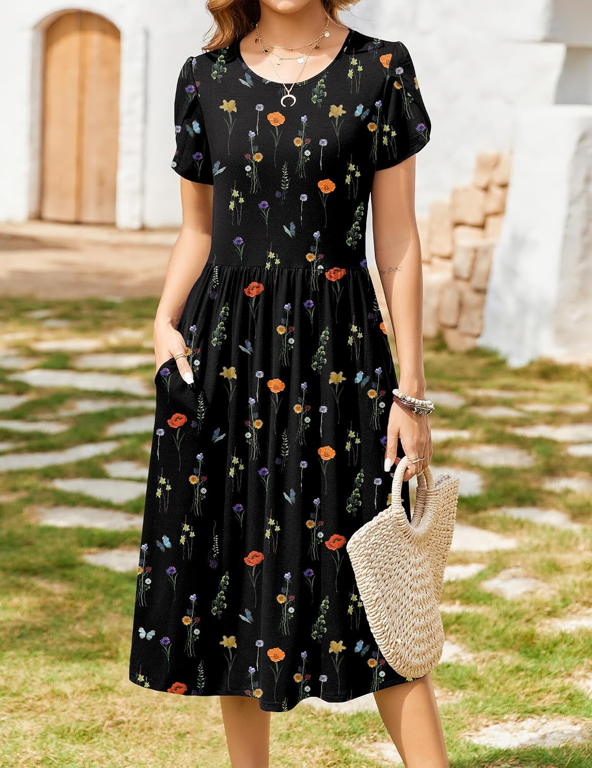 image:imageZeagoo Womens Summer Dresses Casual Aline Midi Dress Short Sleeve Floral Tshirt Dress Flowy Beach Sundresses with PocketsWf100