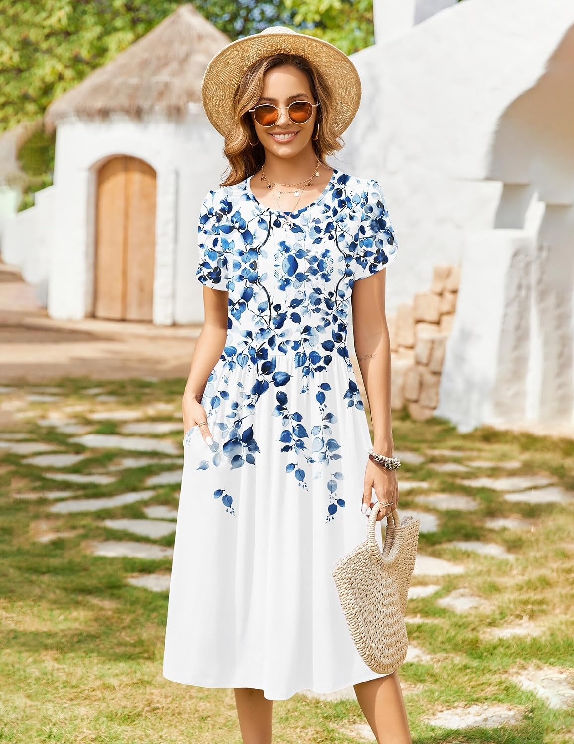 image:imageZeagoo Womens Summer Dresses Casual Aline Midi Dress Short Sleeve Floral Tshirt Dress Flowy Beach Sundresses with PocketsWf41