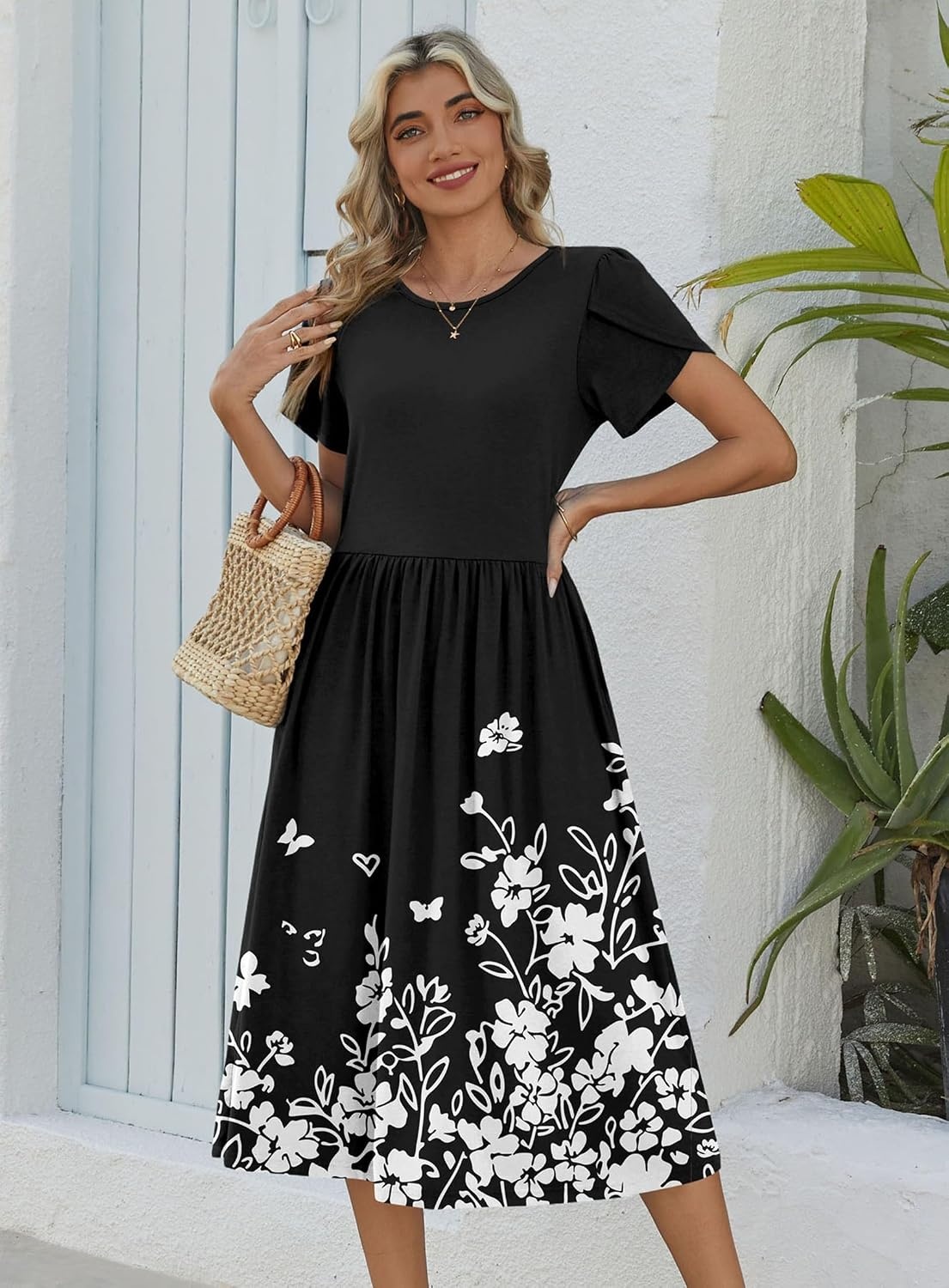 image:imageZeagoo Womens Summer Dresses Casual Aline Midi Dress Short Sleeve Floral Tshirt Dress Flowy Beach Sundresses with PocketsWhite Floral Black